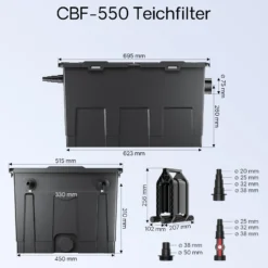SunSun Komplettset: CBF-550 Teichfilter bis 60000L Teichfilteranlage als Durchlauffilter, NEO10000 Teichpumpe 10000l/h 80W, CUV-236 Teichklärer UVC Klärer mit 36W, 25m Teichschlauch 25 mm, Y-Verteiler