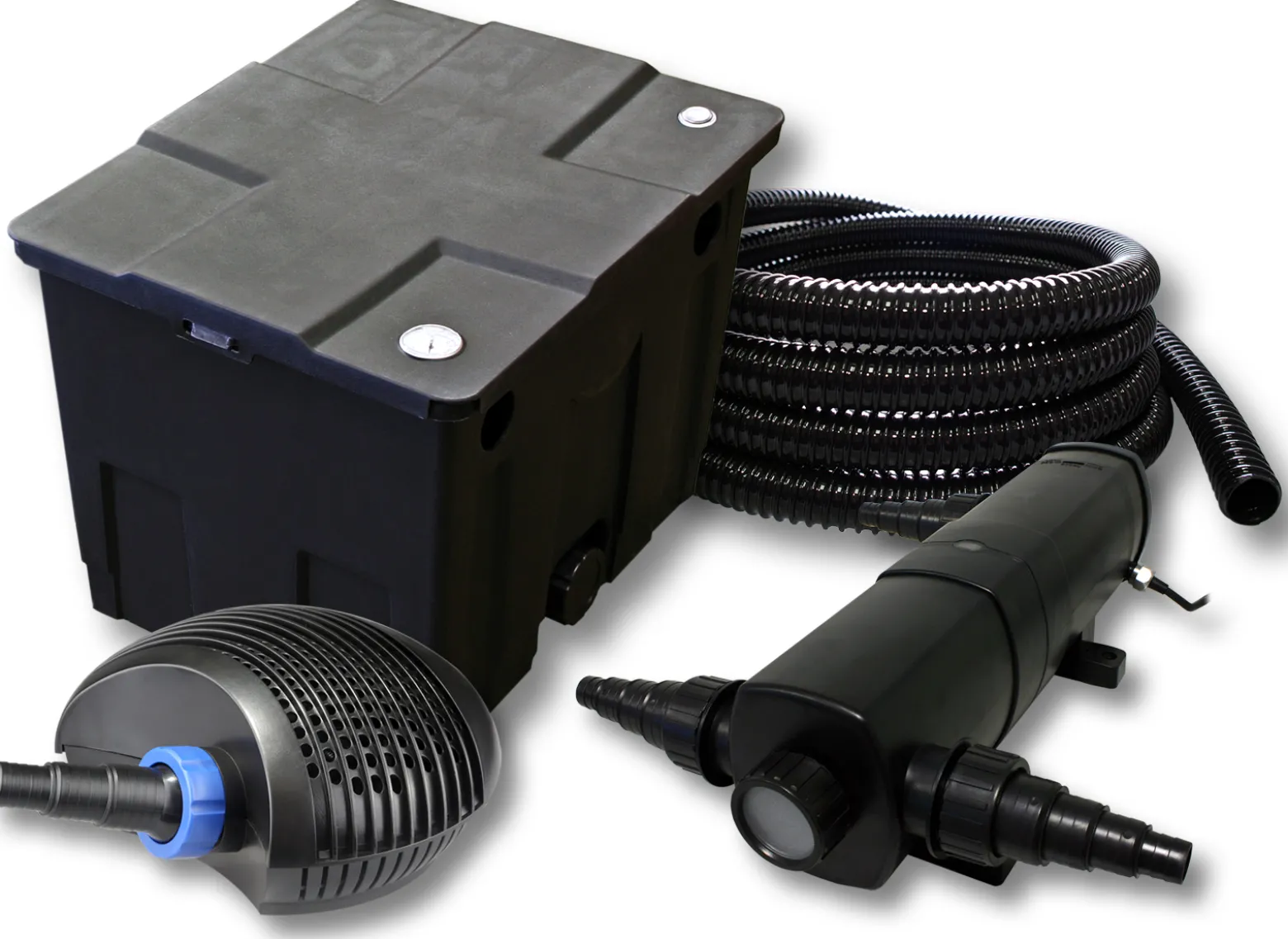 SunSun Komplettset: CBF-350 Teichfilter bis 12000 L Teichfilteranlage als Durchlauffilter, CTF-3800 SuperECO Teichpumpe 3600l/h 20W, CUV-224 Teichklärer UVC Klärer mit 24W, 25m Teichschlauch 25 mm