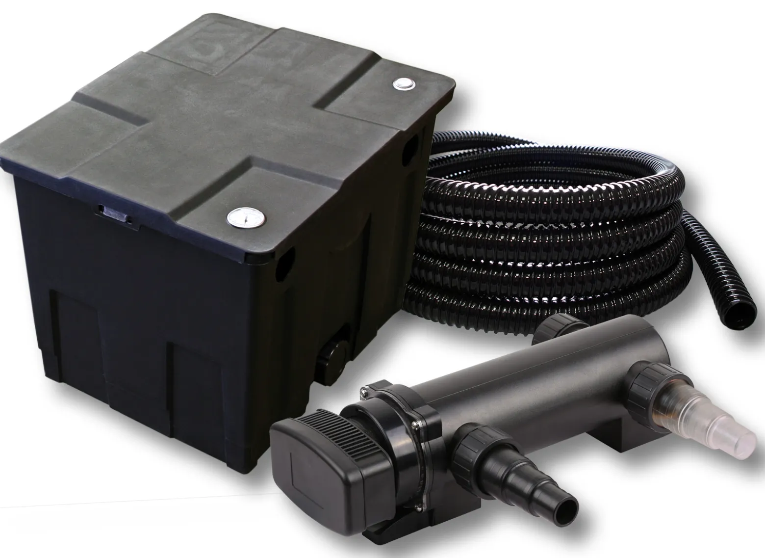SunSun Komplettset: CBF-350 Teichfilter bis 12000 L Teichfilteranlage als Durchlauffilter, CUV-318 Teichklärer UVC Klärer mit 18W, 5m Teichschlauch 25 mm (1")