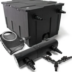 SunSun Komplettset: CBF-550 Teichfilter bis 60000 L Teichfilteranlage als Durchlauffilter, NEO10000 SuperECO Teichpumpe 10000l/h 80W, CUV-218 Teichklärer UVC Klärer mit 18W, Y-Verteiler