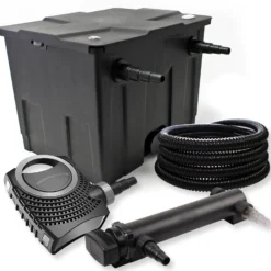 SunSun Komplettset: CBF-350 Teichfilter bis 12000 L Teichfilteranlage als Durchlauffilter, CTF-8000 SuperECO Teichpumpe 8000l/h 70W, CUV-336 Teichklärer UVC Klärer mit 36W, 25m Teichschlauch 25 mm