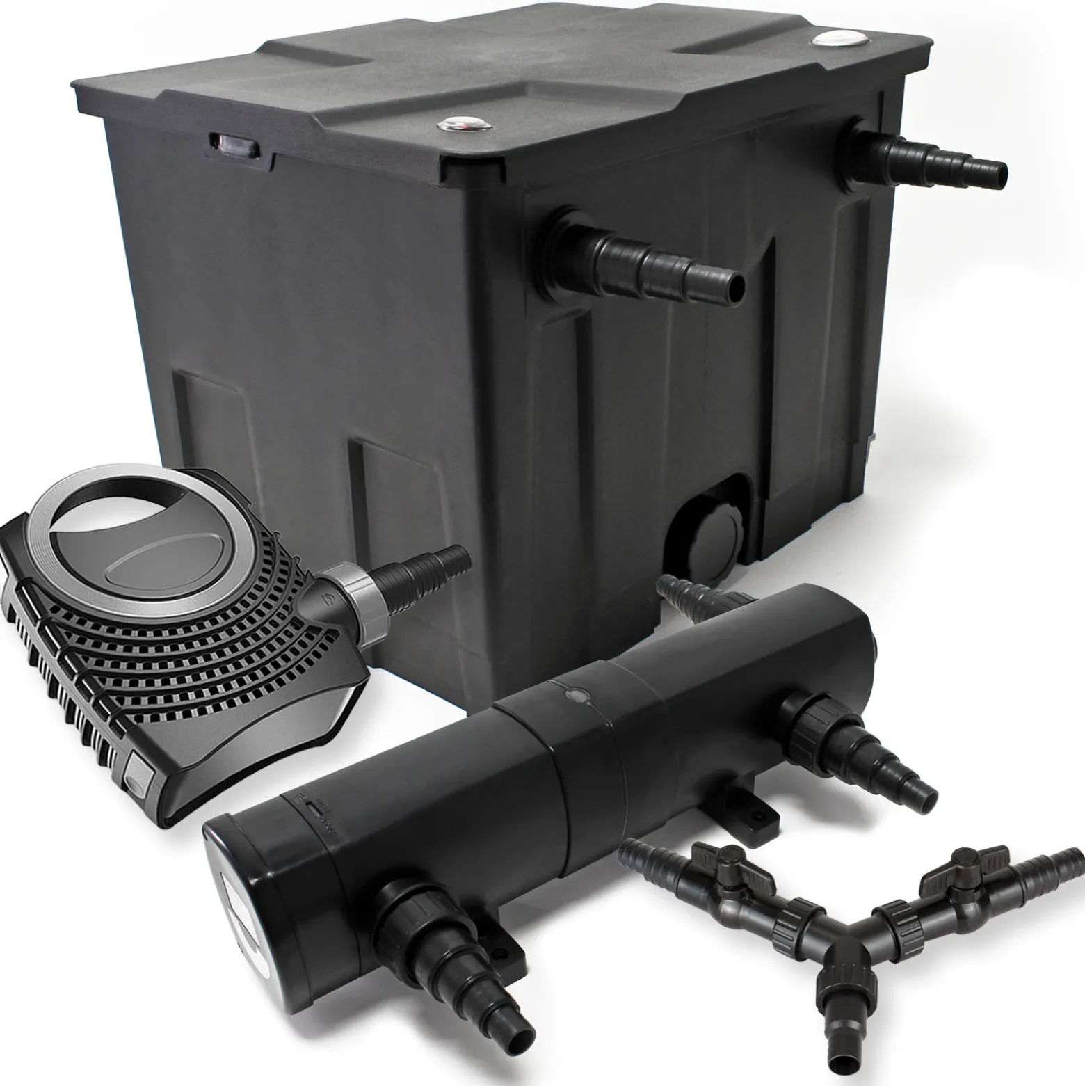 SunSun Komplettset: CBF-350 Teichfilter bis 12000 L Teichfilteranlage als Durchlauffilter, CTF-8000 SuperECO Teichpumpe 8000l/h 70W, CUV-224 Teichklärer UVC Klärer mit 24W, Y-Verteiler