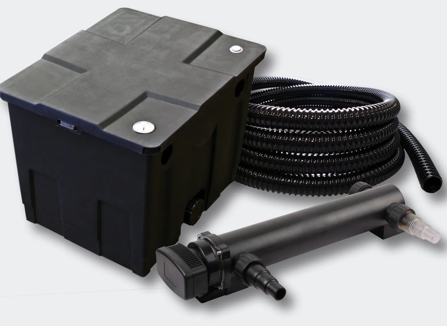 SunSun Komplettset: CBF-350 Teichfilter bis 12000 L Teichfilteranlage als Durchlauffilter, CUV-324 Teichklärer UVC Klärer mit 24W, 5m Teichschlauch 25 mm (1")