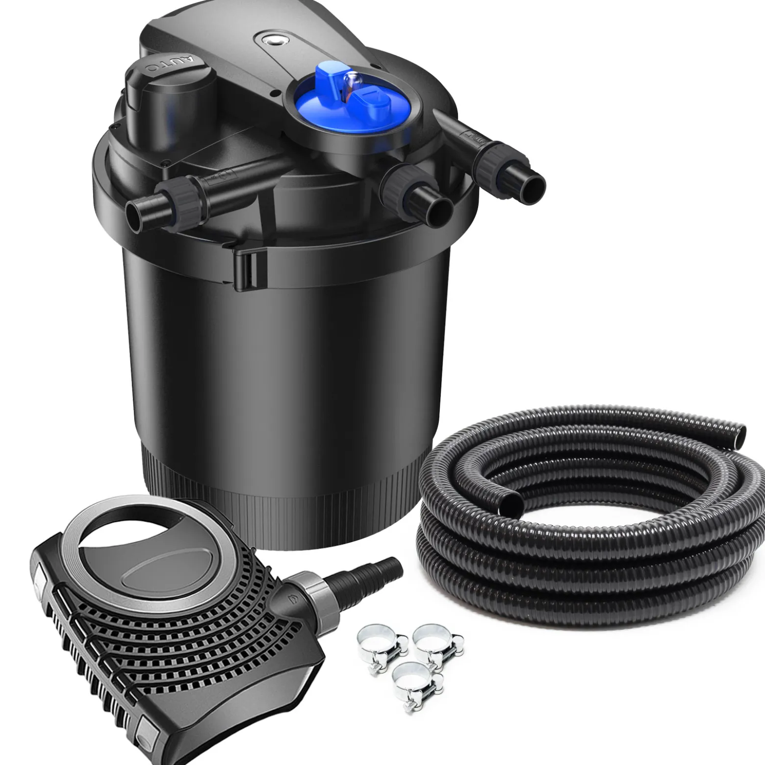 SunSun Komplettset: CPA-2500 Teichdruckfilter bis 6000 L mit 11 Watt UV-C Teichklärer, NEO3800 SuperEco Teichpumpe 3600l/h 20W, 5m Teichschlauch 32 mm (1 1/4"), Schlauchschellen W1 44-47mm
