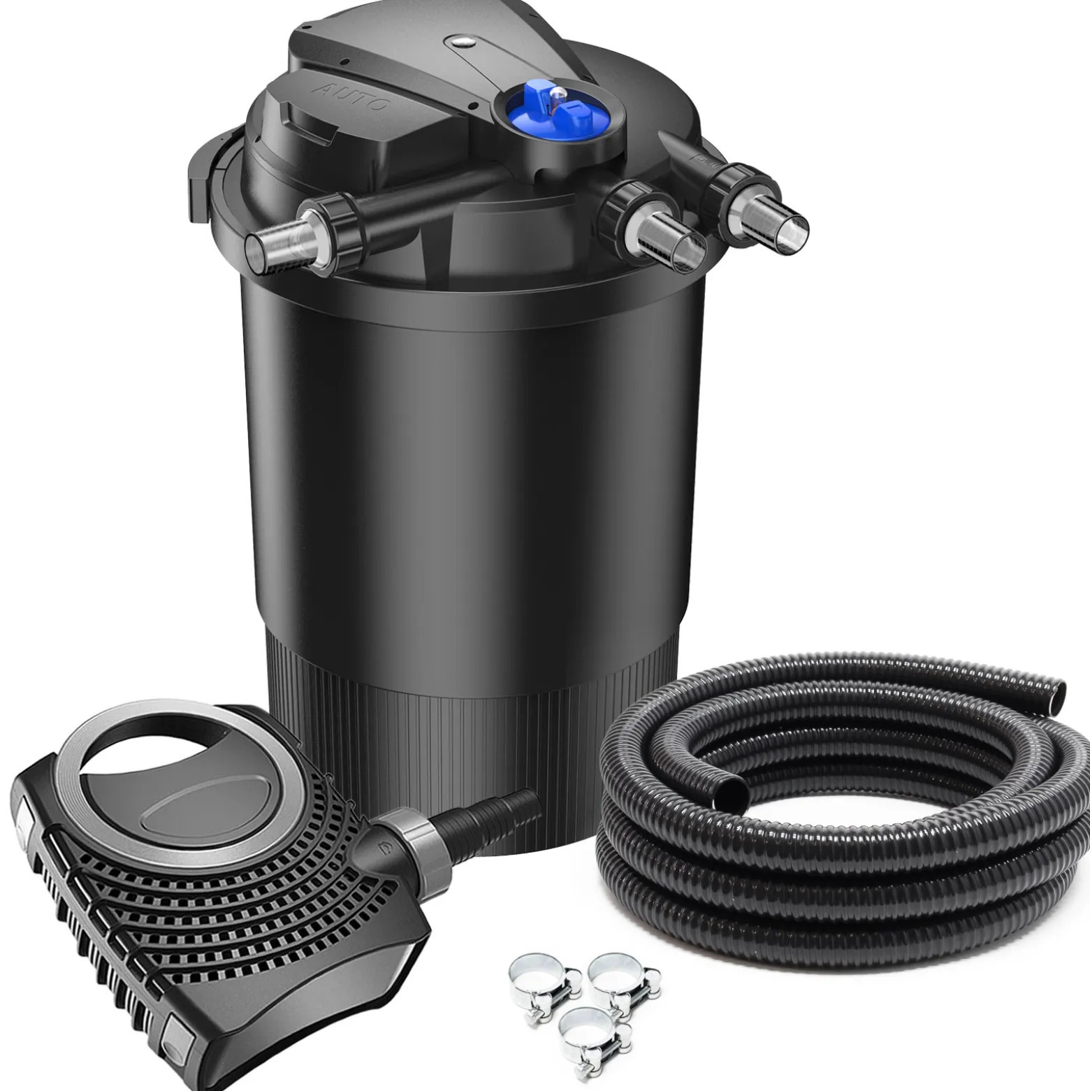 SunSun Komplettset: CPA-30000 Teichdruckfilter bis 60000 L mit 55 Watt UV-C Teichklärer, NEO10000 SuperECO Teichpumpe 10000l/h 80W, 10m Teichschlauch 38 mm (1 1/2"), Schlauchschellen W1 44-47mm