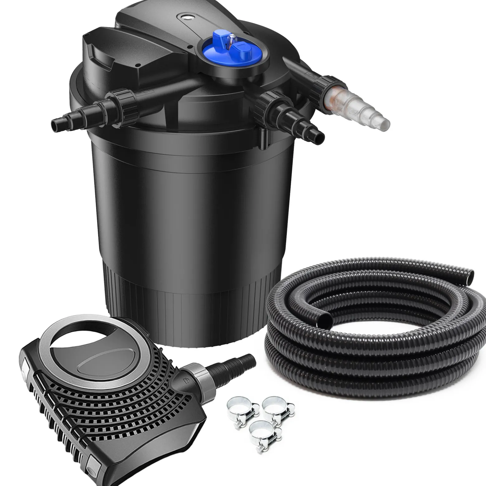 SunSun Komplettset: CPA-10000 Teichdruckfilter bis 12000 L mit 11 Watt UV-C Teichklärer, NEO3800 SuperEco Teichpumpe 3600l/h 20W, 5m Teichschlauch 38 mm (1 1/2"), Schlauchschellen W1 44-47mm