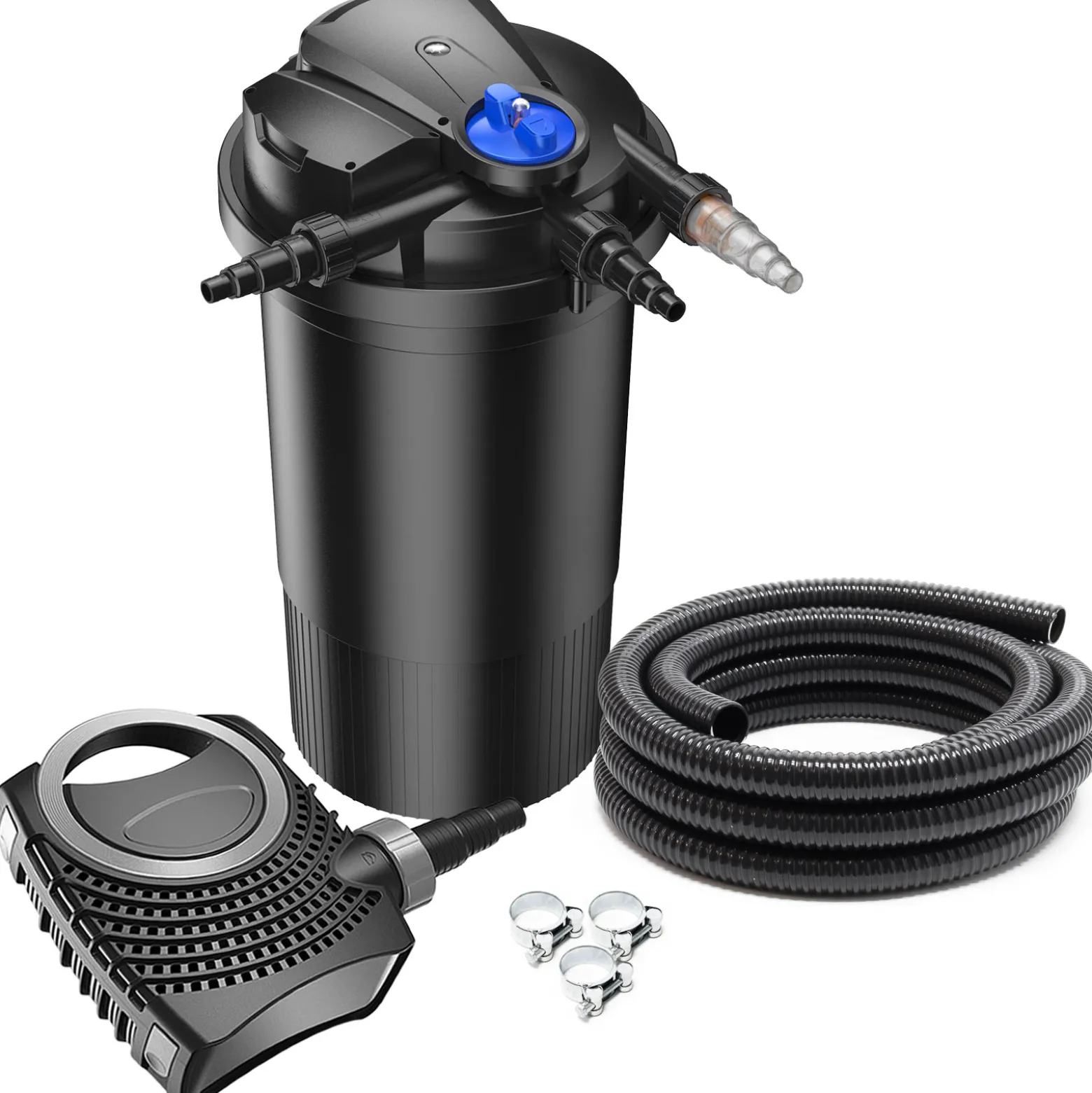 SunSun Komplettset: CPA-15000 Teichdruckfilter bis 30000 L mit 18 Watt UV-C Teichklärer, NEO8000 SuperEco Teichpumpe 8000l/h 70W, 10m Teichschlauch 38 mm (1 1/2"), Schlauchschellen W1 44-47mm