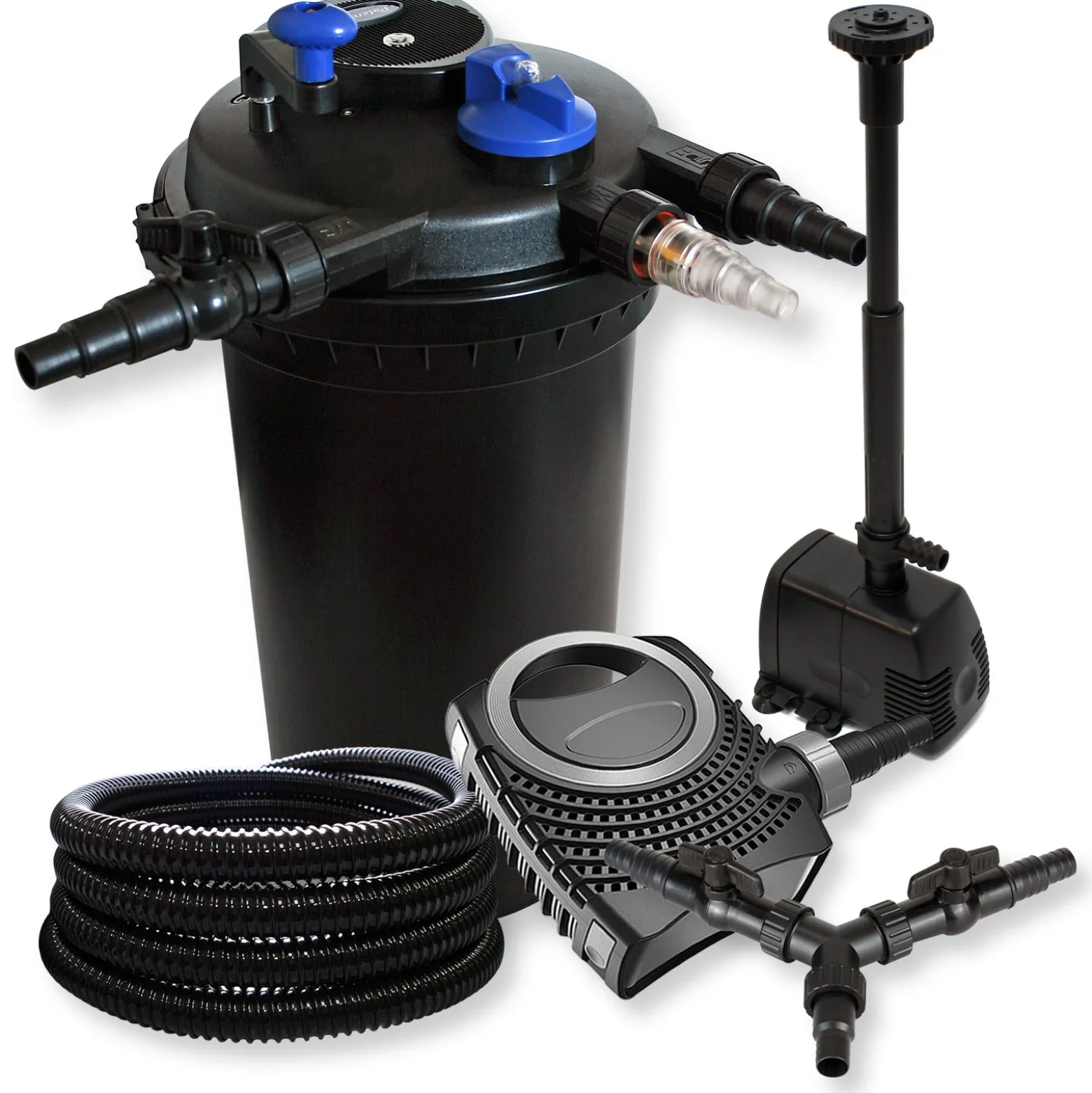 SunSun Komplettset: CPF-15000 Teichdruckfilter bis 30000 L mit 18 Watt UV-C Teichklärer, CTF-8000 Teichpumpe 8000l/h 70W, 25m Teichschlauch 25 mm, HJ-943 Springbrunnenpumpe 800l/h 16W, Y-Verteiler