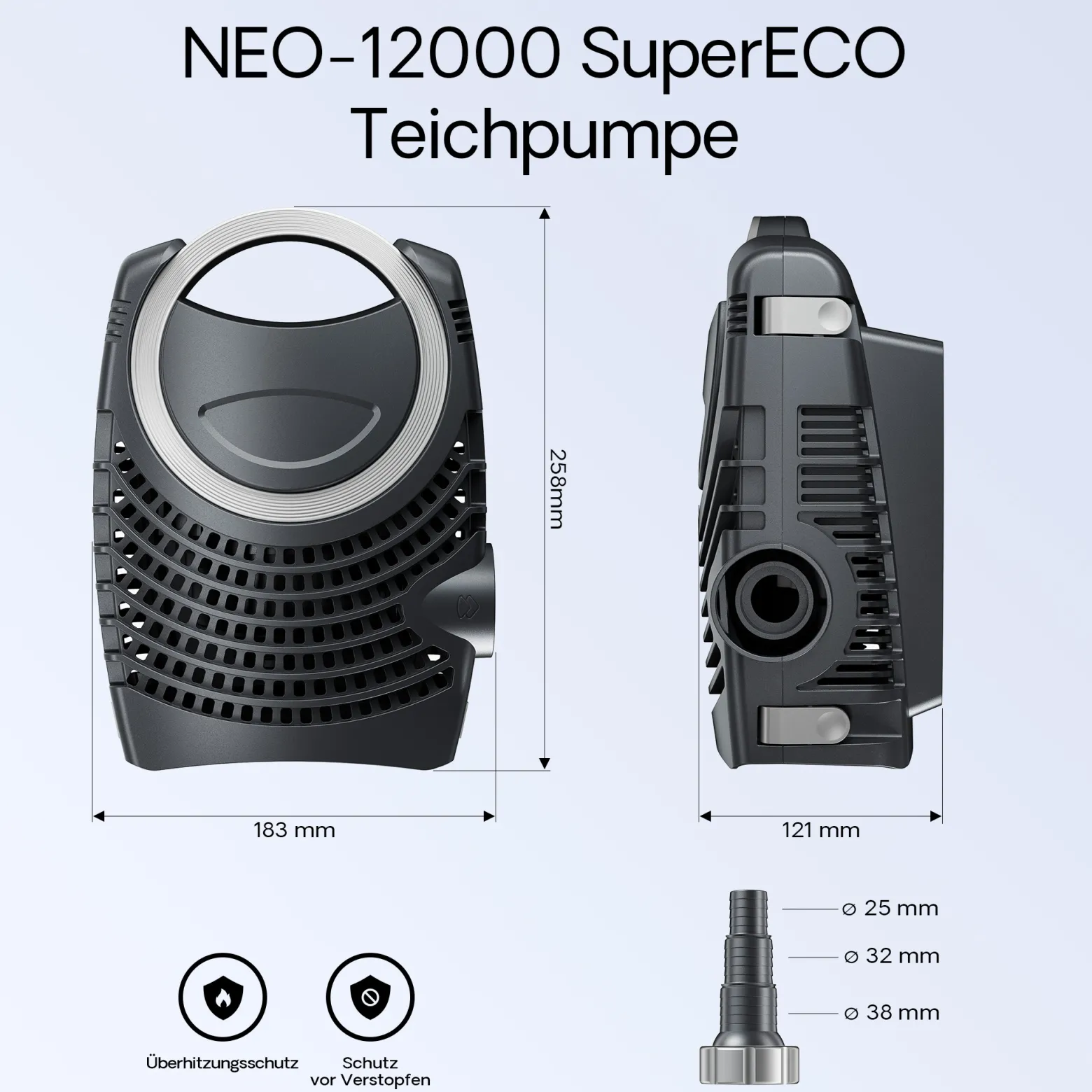 SunSun Komplettset: CPF-30000 Teichdruckfilter bis 12000 L mit 55 Watt UV-C Teichklärer, NEO12000 SuperECO Teichpumpe 12000l/h 100W, 10m Teichschlauch 38 mm (1 1/2"), Schlauchschellen W1 44-47mm
