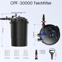 SunSun Komplettset: CPF-30000 Teichdruckfilter bis 12000 L mit 55 Watt UV-C Teichklärer, NEO12000 SuperECO Teichpumpe 12000l/h 100W, 10m Teichschlauch 38 mm (1 1/2"), Schlauchschellen W1 44-47mm