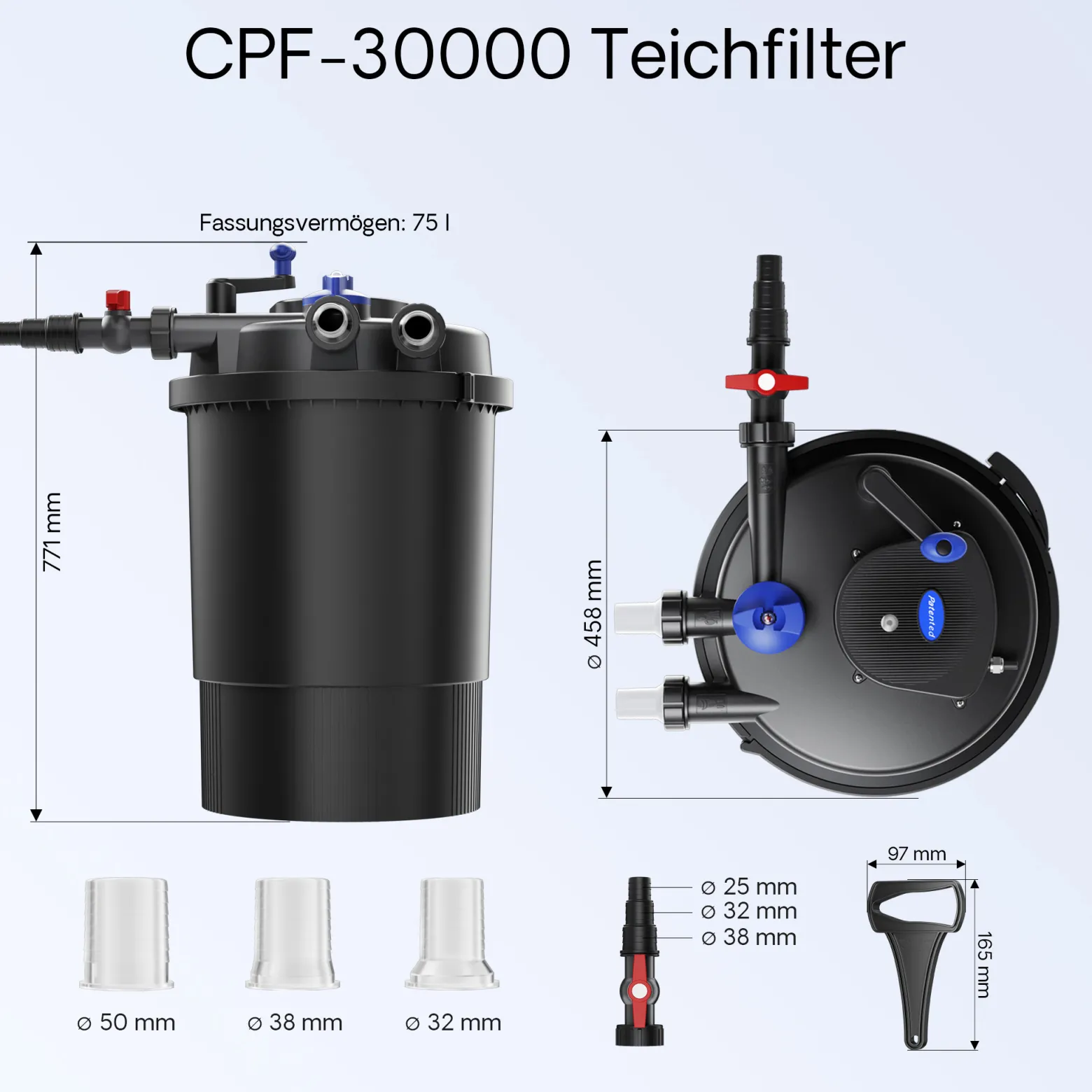 SunSun Komplettset: CPF-30000 Teichdruckfilter bis 12000 L mit 55 Watt UV-C Teichklärer, NEO12000 SuperECO Teichpumpe 12000l/h 100W, 10m Teichschlauch 38 mm (1 1/2"), Schlauchschellen W1 44-47mm