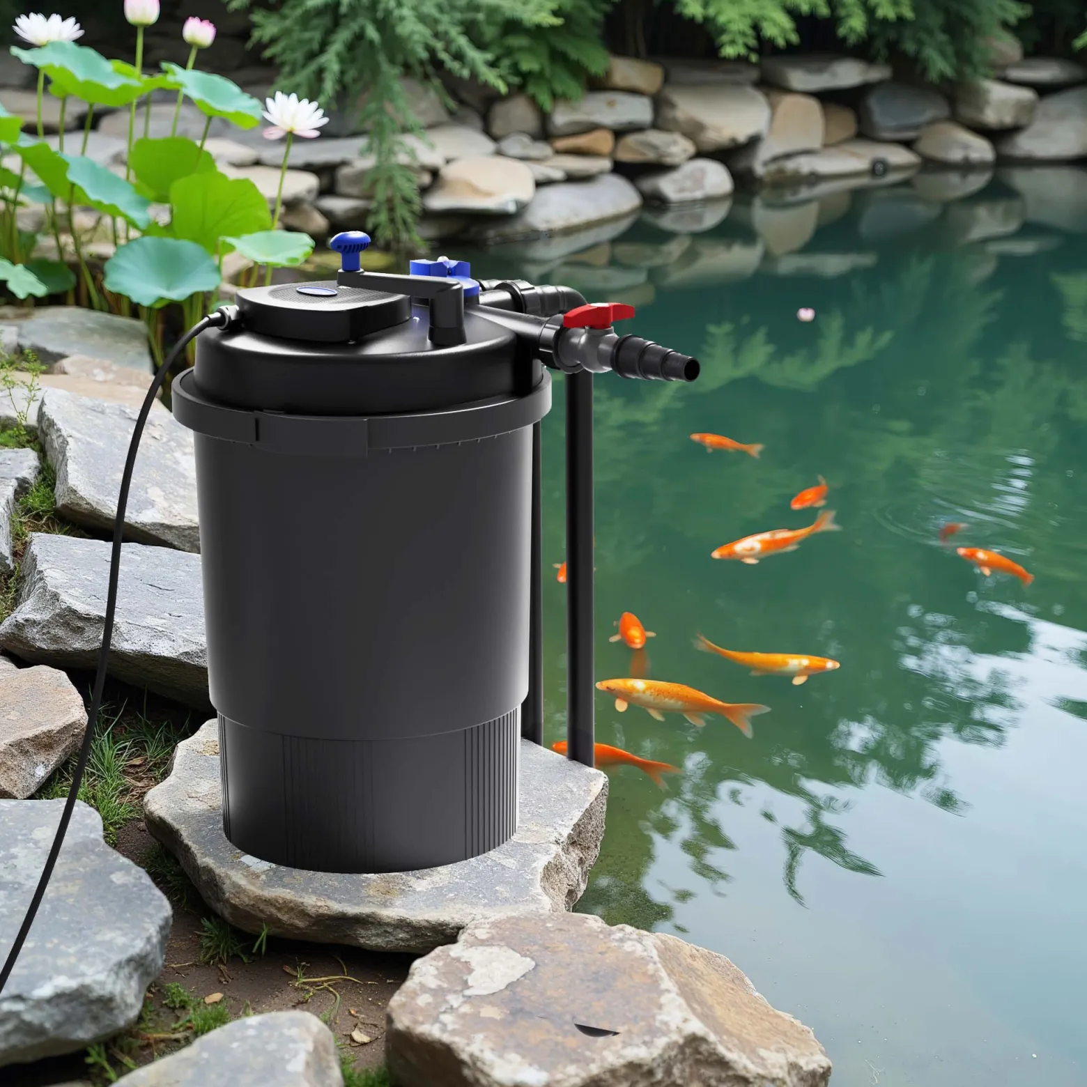 SunSun Komplettset: CPF-30000 Teichdruckfilter bis 12000 L mit 55 Watt UV-C Teichklärer, NEO12000 SuperECO Teichpumpe 12000l/h 100W, 10m Teichschlauch 38 mm (1 1/2"), Schlauchschellen W1 44-47mm