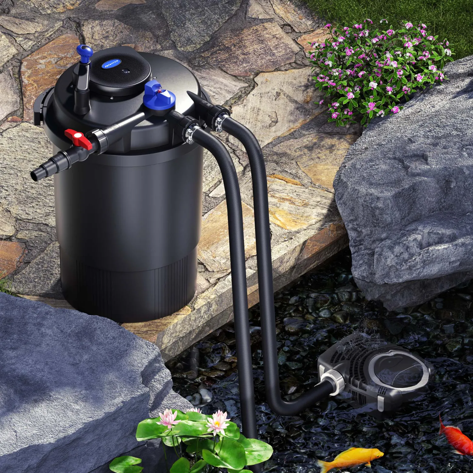 SunSun Komplettset: CPF-30000 Teichdruckfilter bis 12000 L mit 55 Watt UV-C Teichklärer, NEO12000 SuperECO Teichpumpe 12000l/h 100W, 10m Teichschlauch 38 mm (1 1/2"), Schlauchschellen W1 44-47mm