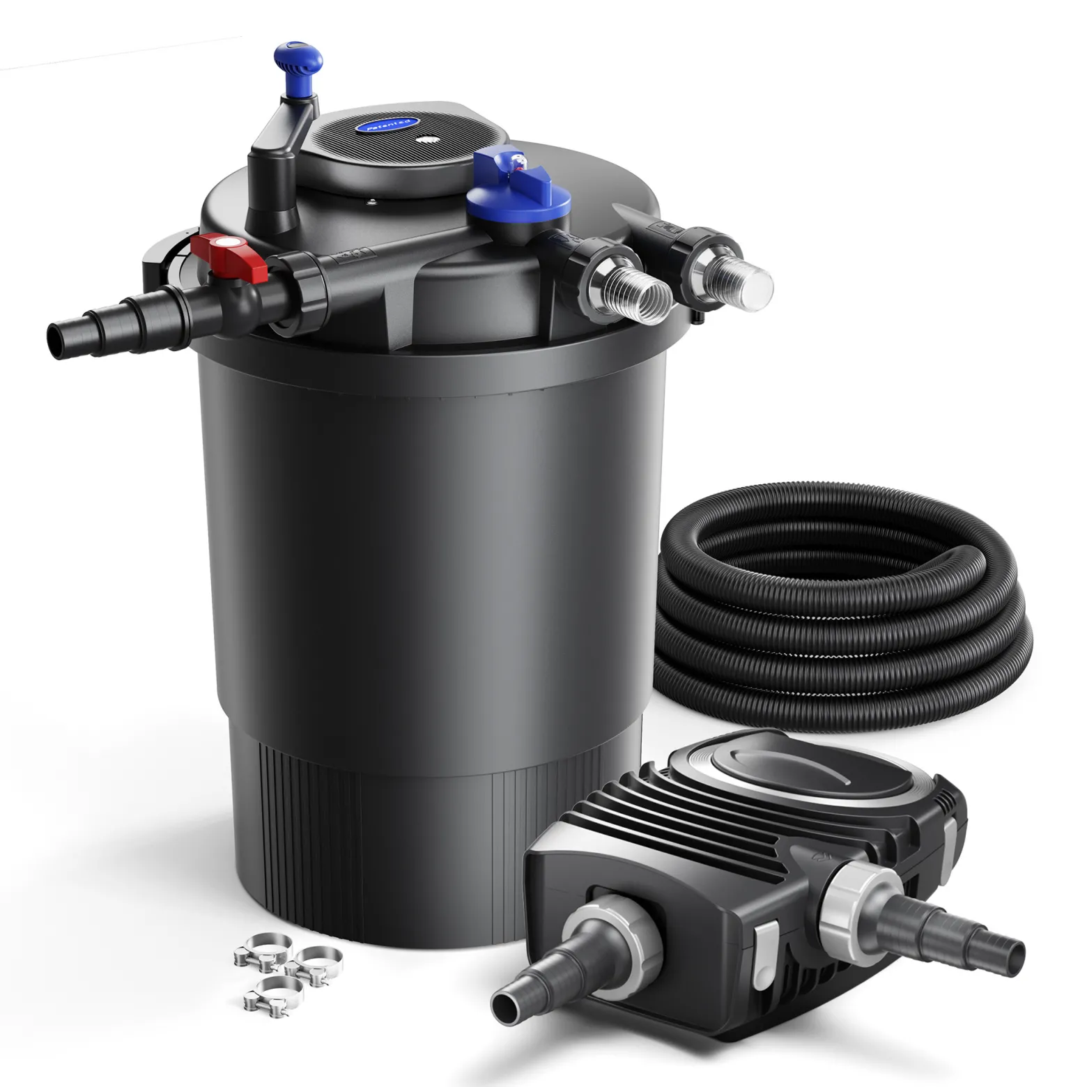 SunSun Komplettset: CPF-30000 Teichdruckfilter bis 12000 L mit 55 Watt UV-C Teichklärer, NEO12000 SuperECO Teichpumpe 12000l/h 100W, 10m Teichschlauch 38 mm (1 1/2"), Schlauchschellen W1 44-47mm