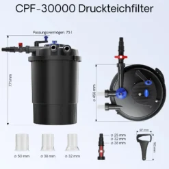 SunSun Komplettset: CPF-30000 Teichdruckfilter bis 12000 L mit 55 Watt UV-C Teichklärer, NEO6000 SuperEco Teichpumpe 6000l/h 40W, 5m Teichschlauch 38 mm (1 1/2"), Schlauchschellen W1 44-47mm
