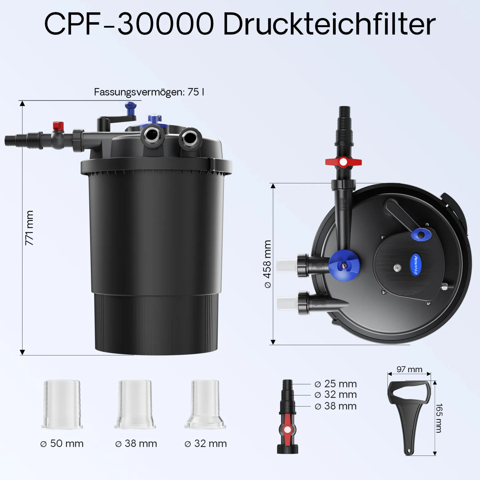 SunSun Komplettset: CPF-30000 Teichdruckfilter bis 12000 L mit 55 Watt UV-C Teichklärer, NEO6000 SuperEco Teichpumpe 6000l/h 40W, 5m Teichschlauch 38 mm (1 1/2"), Schlauchschellen W1 44-47mm