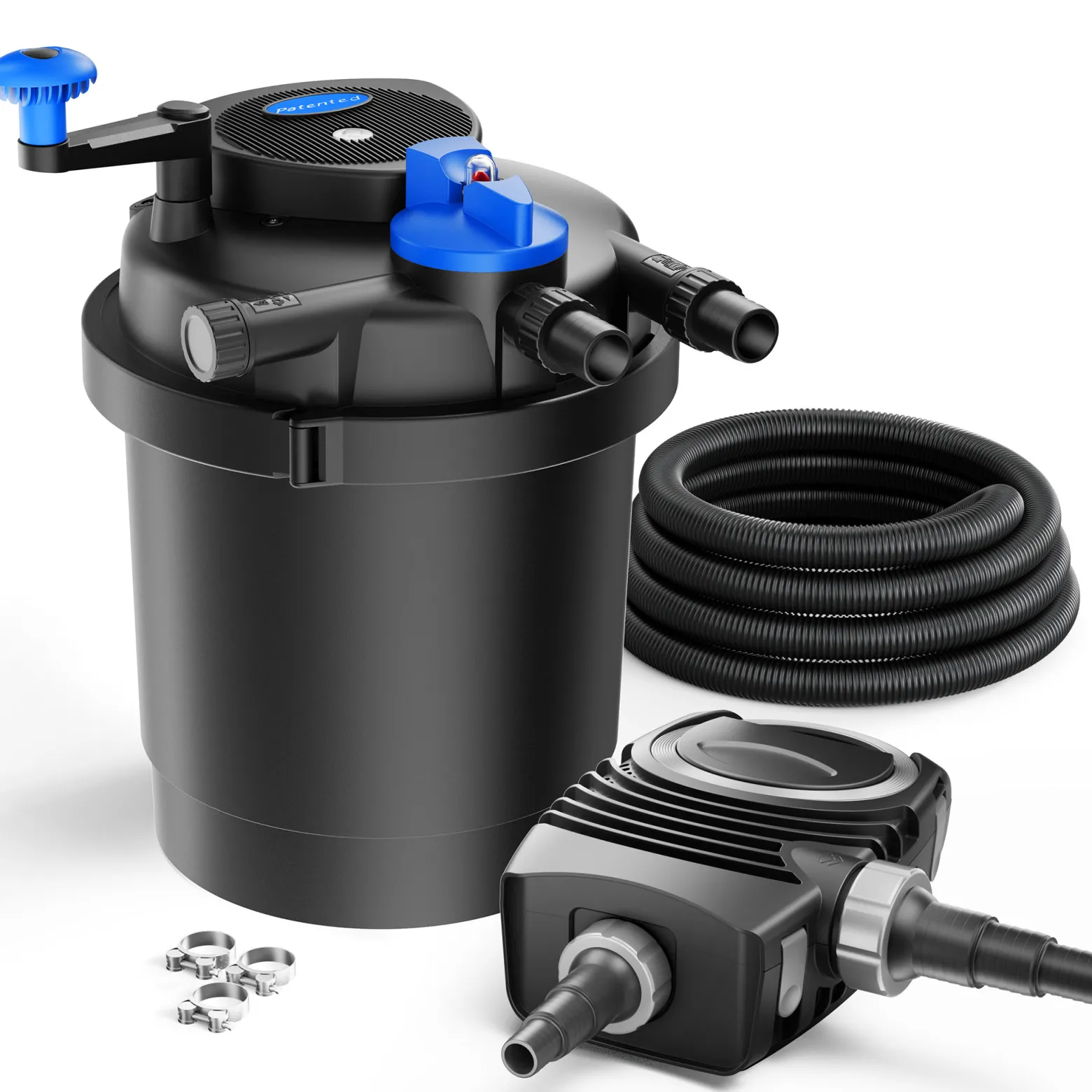 SunSun Komplettset: CPF-2500 Teichdruckfilter bis 6000 L mit 11 Watt UV-C Teichklärer, NEO-2800 SuperECO Teichpumpe 3000l/h 10W, 5m Teichschlauch 32 mm (1 1/4"), Schlauchschellen W1 44-47mm