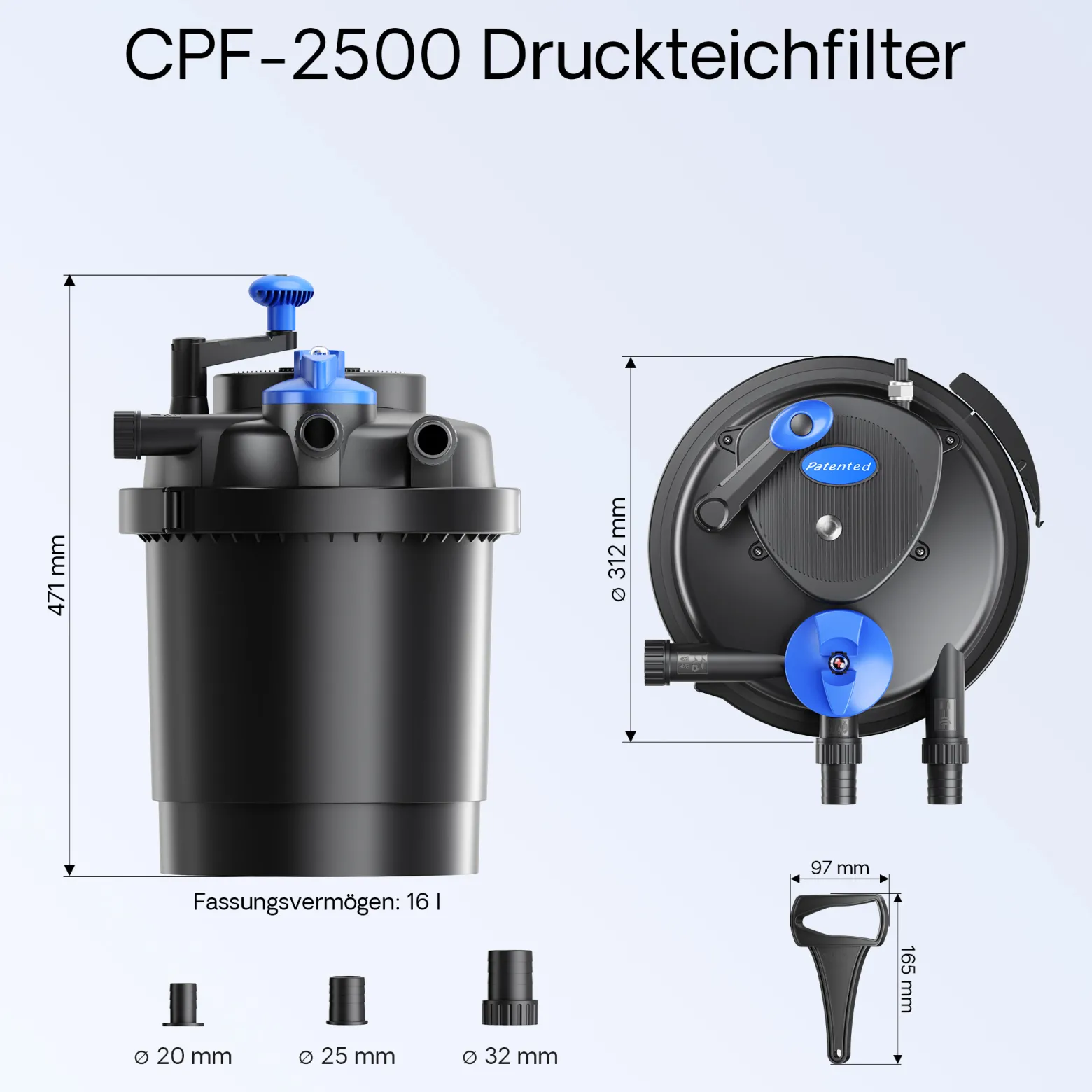 SunSun Komplettset: CPF-2500 Teichdruckfilter bis 6000 L mit 11 Watt UV-C Teichklärer, NEO3800 SuperEco Teichpumpe 3600l/h 20W, 5m Teichschlauch 32 mm (1 1/4"), Schlauchschellen W1 44-47mm