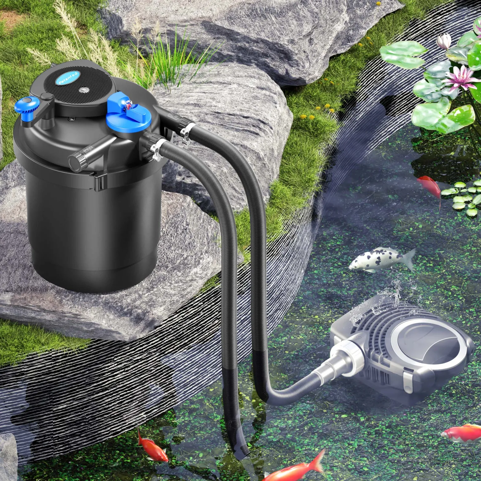 SunSun Komplettset: CPF-2500 Teichdruckfilter bis 6000 L mit 11 Watt UV-C Teichklärer, NEO3800 SuperEco Teichpumpe 3600l/h 20W, 5m Teichschlauch 32 mm (1 1/4"), Schlauchschellen W1 44-47mm