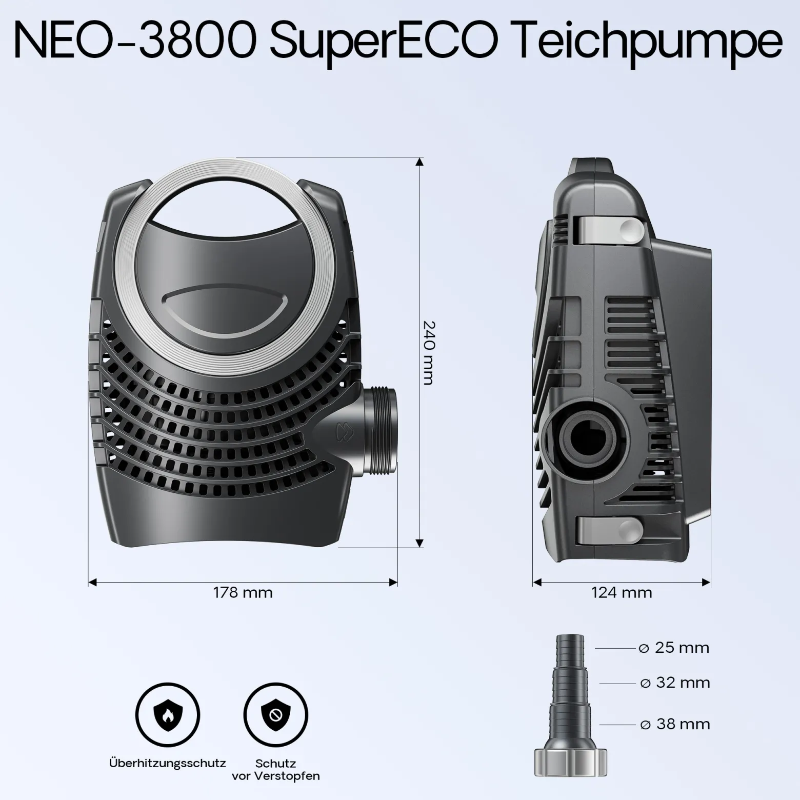 SunSun Komplettset: CPF-2500 Teichdruckfilter bis 6000 L mit 11 Watt UV-C Teichklärer, NEO3800 SuperEco Teichpumpe 3600l/h 20W, 5m Teichschlauch 32 mm (1 1/4"), Schlauchschellen W1 44-47mm