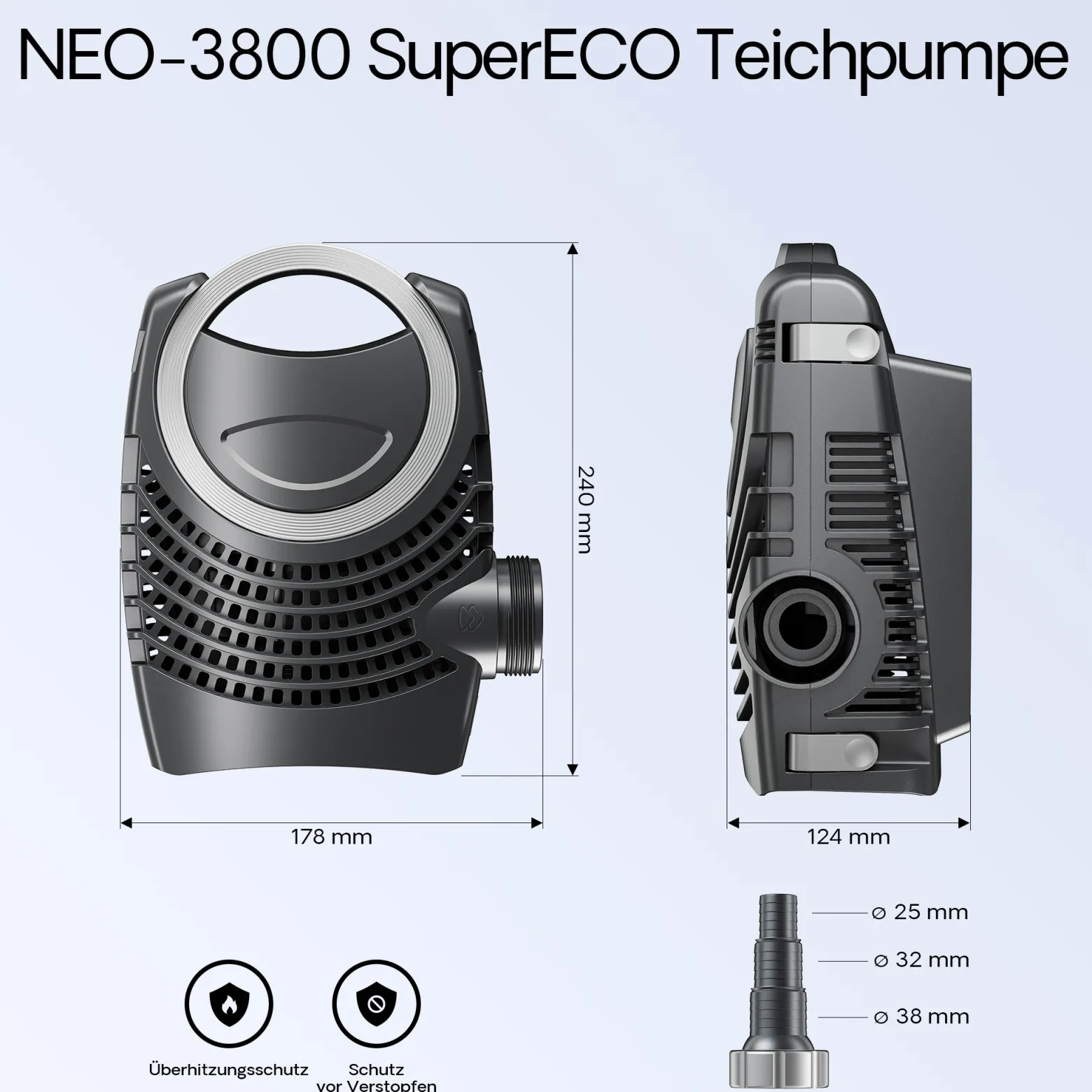 SunSun Komplettset: CPF-10000 Teichdruckfilter bis 10000 L mit 11 Watt UV-C Teichklärer, NEO3800 SuperEco Teichpumpe 3600l/h 20W, 5m Teichschlauch 38 mm (1 1/2"), Schlauchschellen W1 44-47mm