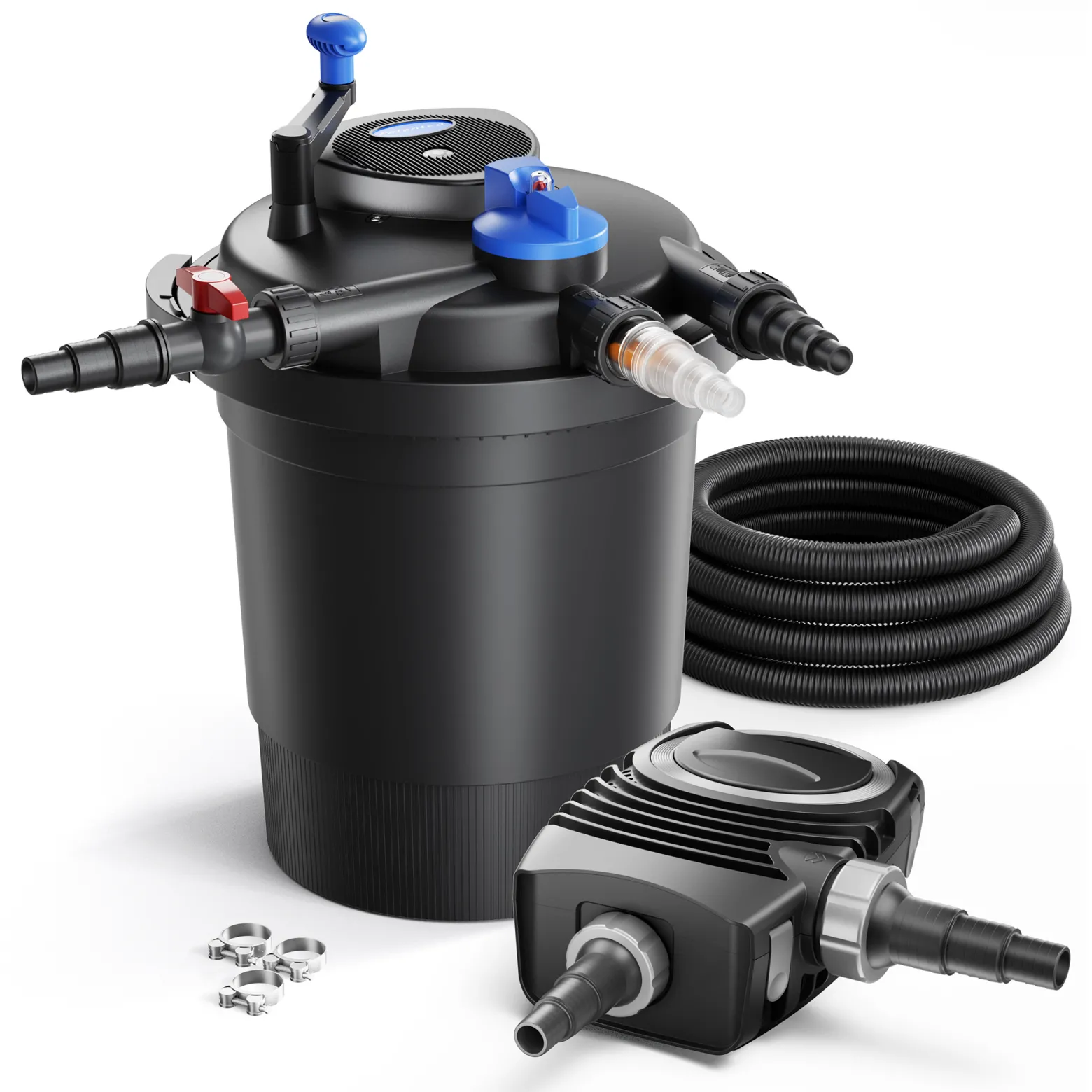 SunSun Komplettset: CPF-10000 Teichdruckfilter bis 10000 L mit 11 Watt UV-C Teichklärer, NEO3800 SuperEco Teichpumpe 3600l/h 20W, 5m Teichschlauch 38 mm (1 1/2"), Schlauchschellen W1 44-47mm