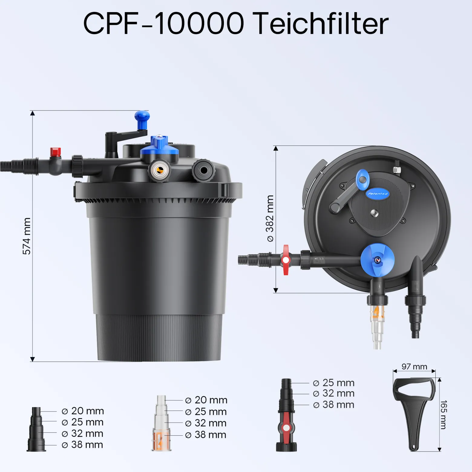 SunSun Komplettset: CPF-10000 Teichdruckfilter bis 10000 L mit 11 Watt UV-C Teichklärer, NEO3800 SuperEco Teichpumpe 3600l/h 20W, 5m Teichschlauch 38 mm (1 1/2"), Schlauchschellen W1 44-47mm