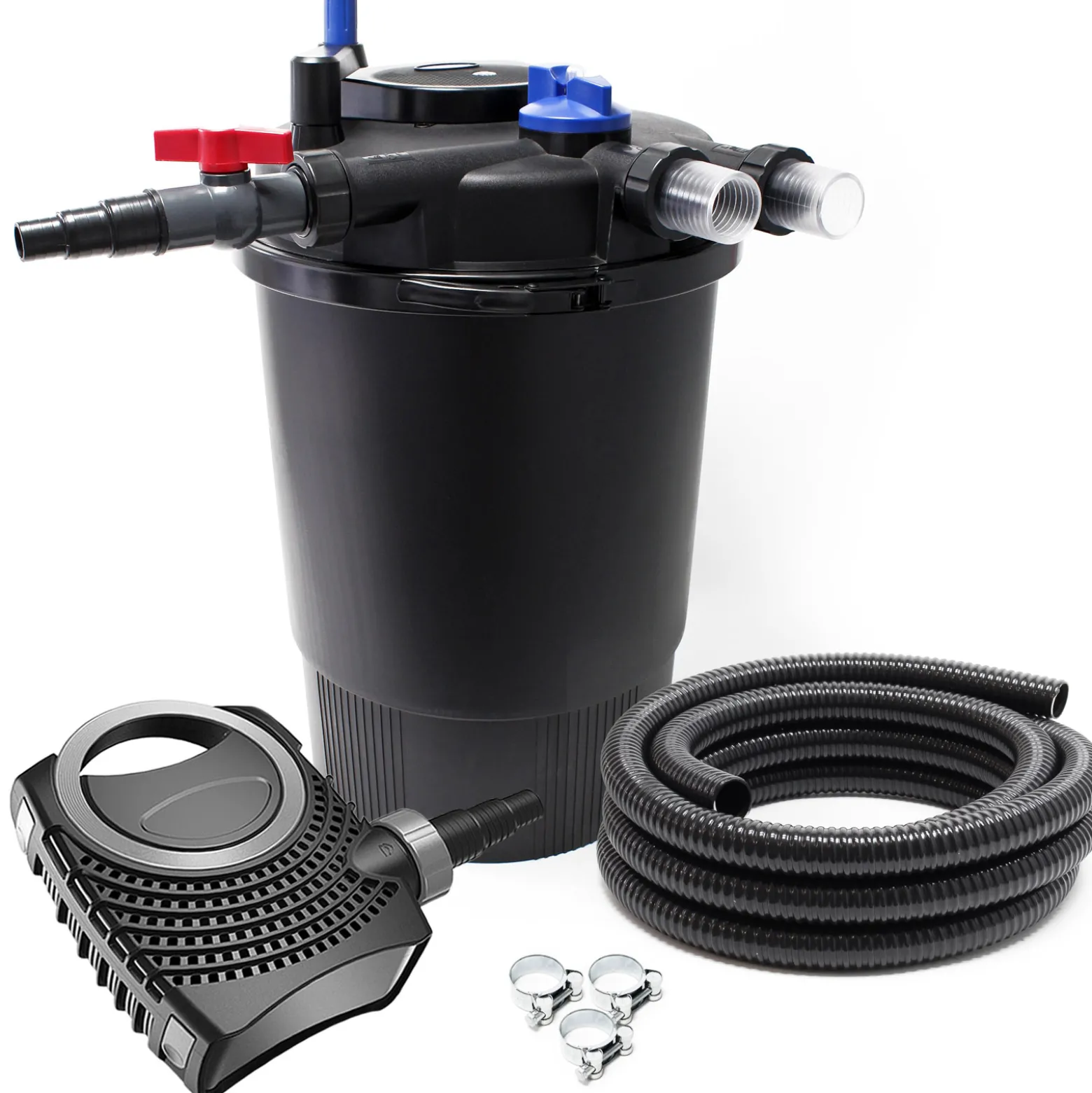 SunSun Komplettset: CPF-30000 Teichdruckfilter bis 12000 L mit 55 Watt UV-C Teichklärer, NEO10000 SuperECO Teichpumpe 10000l/h 80W, 10m Teichschlauch 38 mm (1 1/2"), Schlauchschellen W1 44-47mm