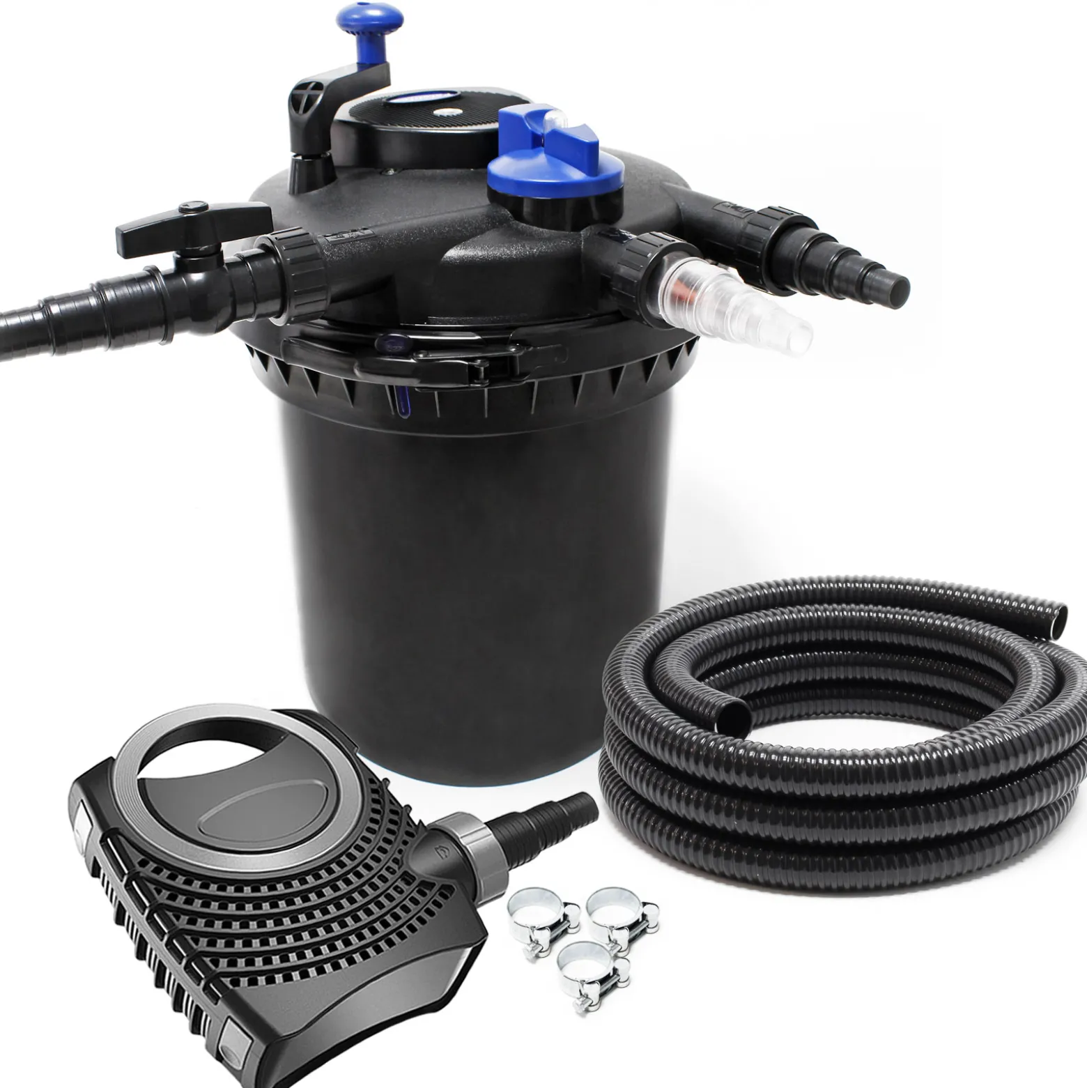 SunSun Komplettset: CPF-10000 Teichdruckfilter bis 10000 L mit 11 Watt UV-C Teichklärer, NEO6000 SuperEco Teichpumpe 6000l/h 40W, 5m Teichschlauch 38 mm (1 1/2"), Schlauchschellen W1 44-47mm