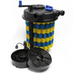 SunSun Komplettset: CPF-50000 Teichdruckfilter Moving Bed bis 13000 L mit 55 Watt UV-C Teichklärer, NEO12000 SuperECO Teichpumpe 12000l/h 100W, 10m Teichschlauch 38 mm, Schlauchschellen W1 44-47mm