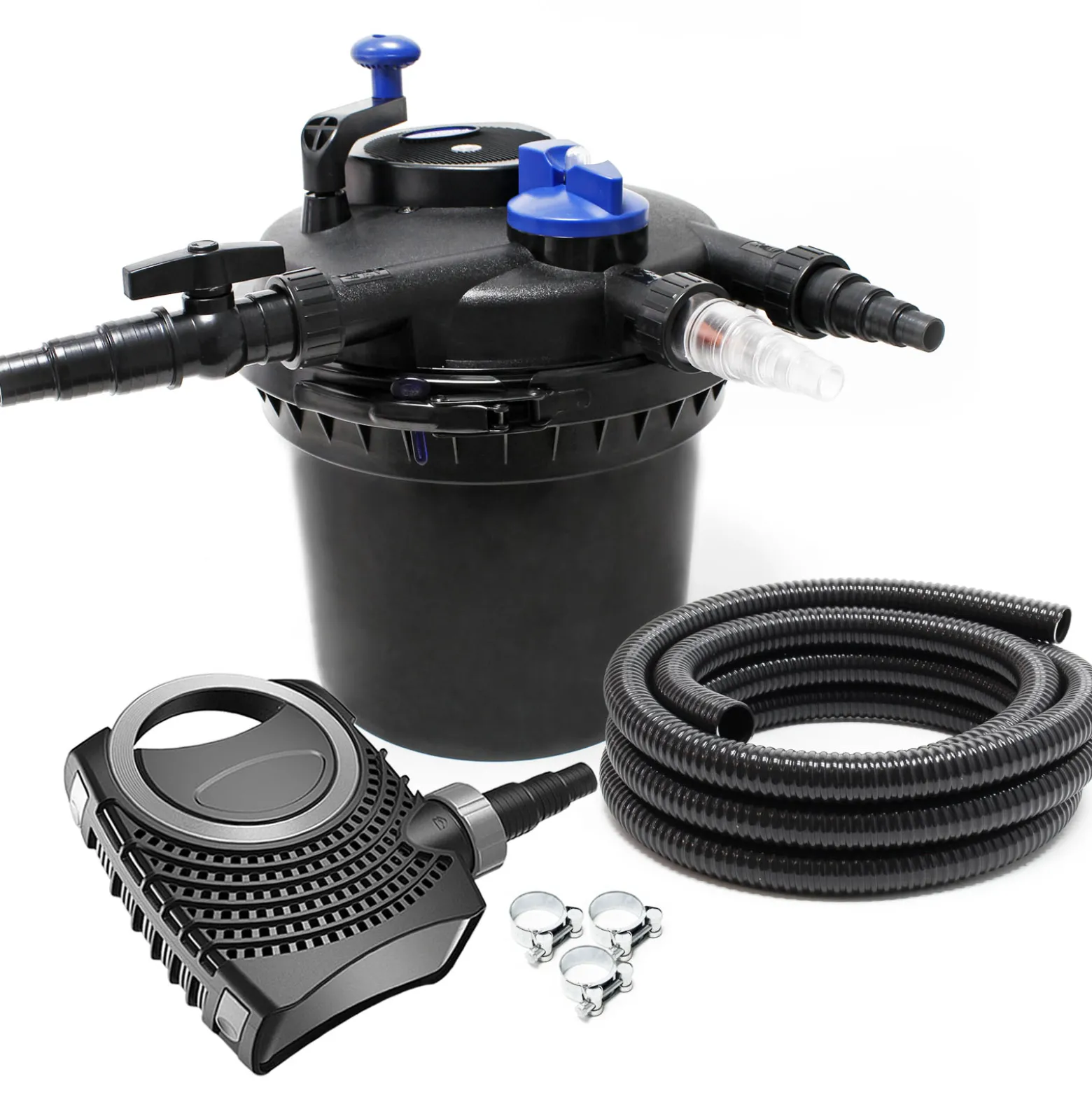 SunSun Komplettset: CPF-5000 Teichdruckfilter bis 9000 L mit 11 Watt UV-C Teichklärer, NEO6000 SuperEco Teichpumpe 6000l/h 40W, 5m Teichschlauch 38 mm (1 1/2"), Schlauchschellen W1 44-47mm