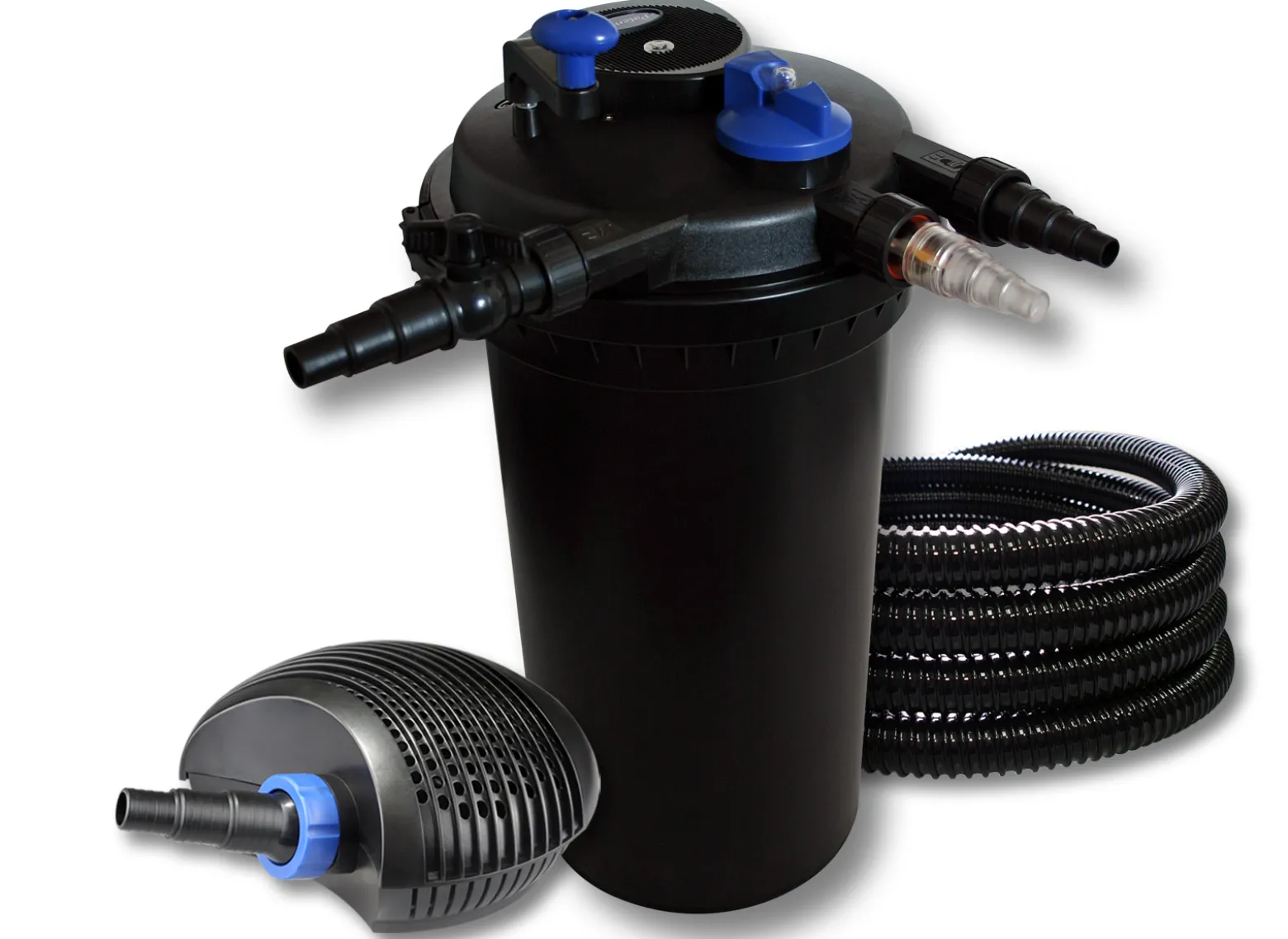 SunSun Komplettset: CPF-15000 Teichdruckfilter bis 30000 L mit 18 Watt UV-C Teichklärer, CTF-6000 SuperECO Teichpumpe 6000l/h 40W, 25m Teichschlauch 25 mm (1")