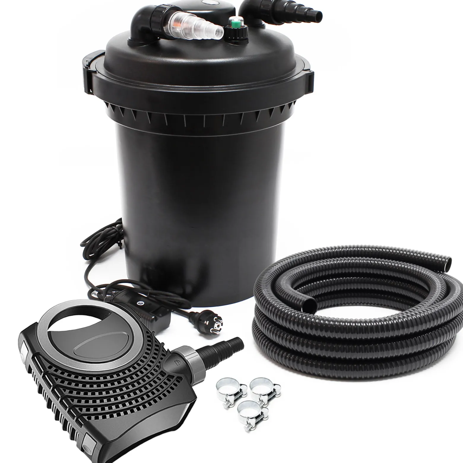 SunSun Komplettset: CPF-500 Teichdruckfilter bis 30000 L mit 18 Watt UV-C Teichklärer, NEO3800 SuperEco Teichpumpe 3600l/h 20W, 5m Teichschlauch 38 mm (1 1/2"), Schlauchschellen W1 44-47mm