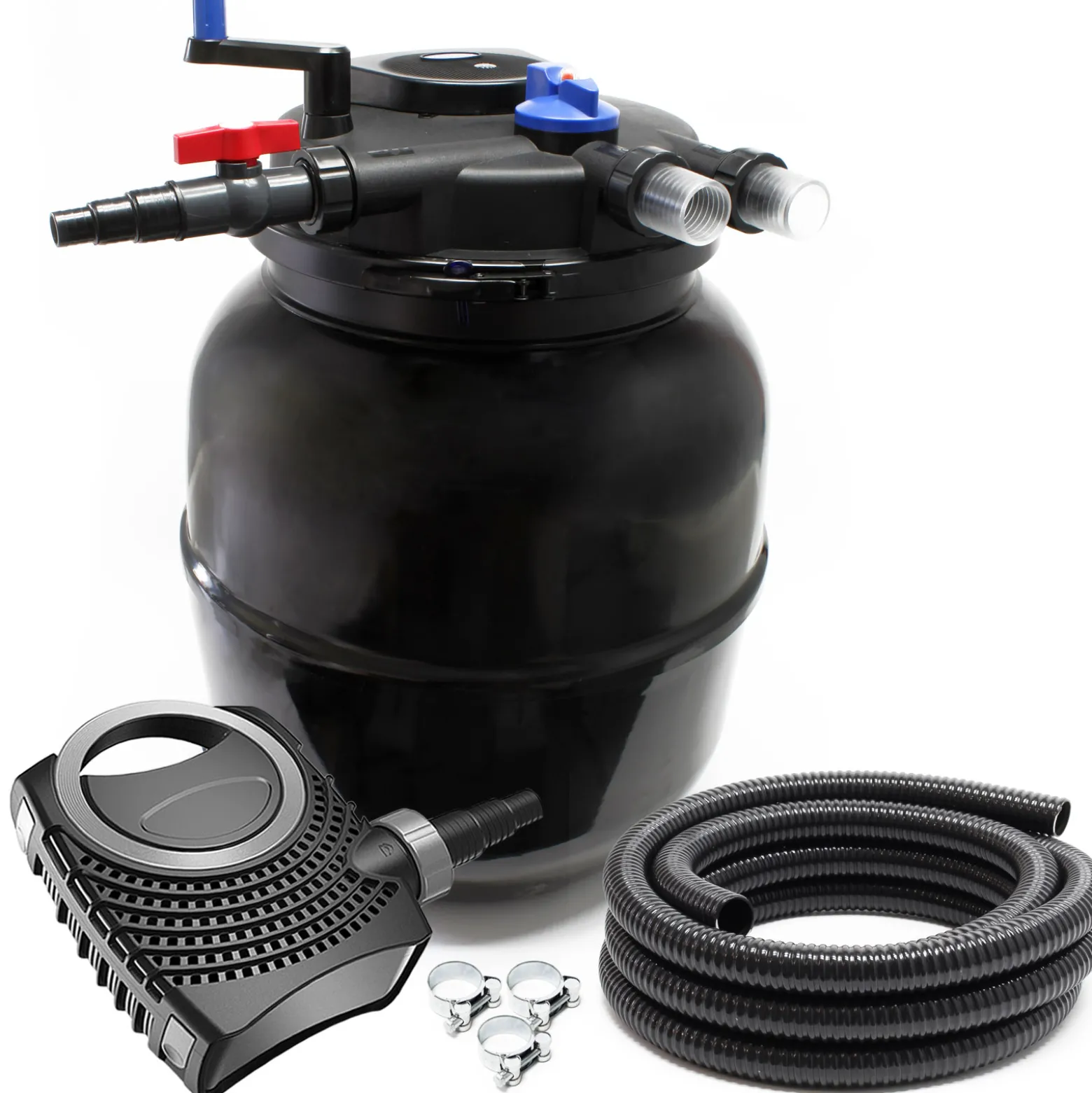 SunSun Komplettset: CPF-50000 Teichdruckfilter Moving Bed bis 13000L, mit 55W UV-C Teichklärer, NEO8000 SuperEco Teichpumpe 8000l/h 70W, 10m Teichschlauch 38 mm (1 1/2"), Schlauchschellen W1 44-47mm