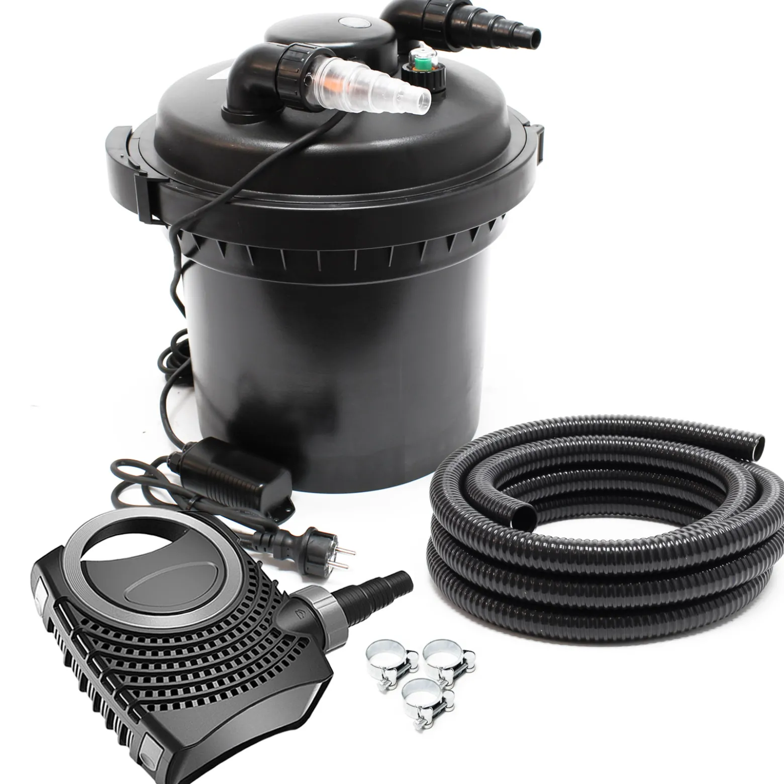 SunSun Komplettset: CPF-280 Teichdruckfilter bis 8000 L mit 11 Watt UV-C Teichklärer, NEO-2800 SuperECO Teichpumpe 3000l/h 10W, 5m Teichschlauch 38 mm (1 1/2"), Schlauchschellen W1 44-47mm