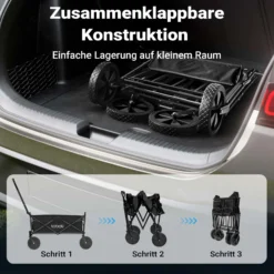 Toboli Bollerwagen faltbar offroad schwarz, Faltbollerwagen belastbar bis 100 kg, Klappbollerwagen für Strand, Garten, Einkäufe