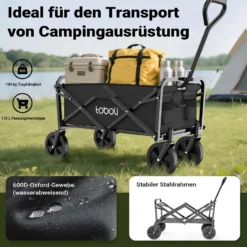 Toboli Bollerwagen faltbar offroad schwarz, Faltbollerwagen belastbar bis 100 kg, Klappbollerwagen für Strand, Garten, Einkäufe