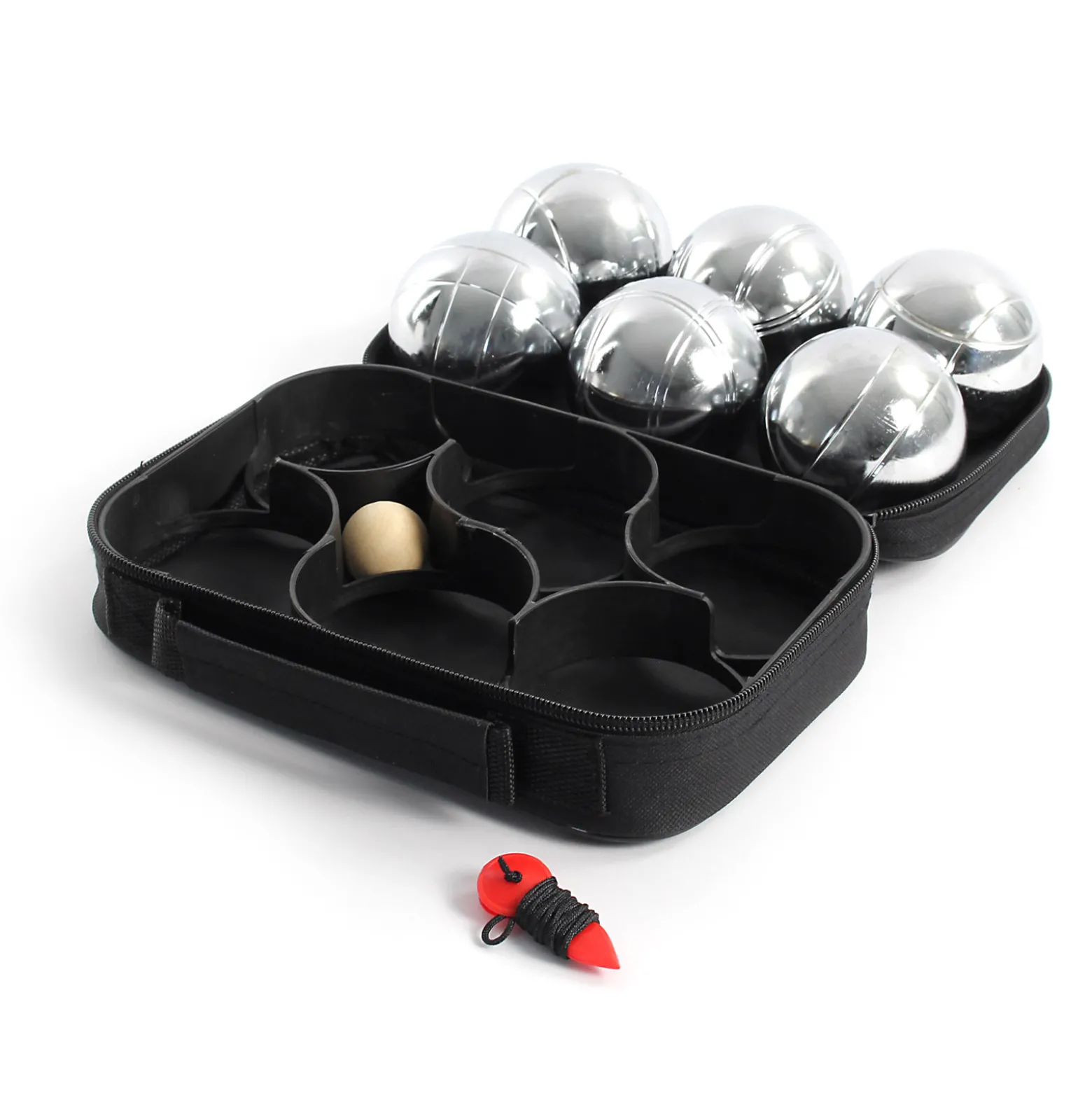 Toboli Boule Set 6 Metall Kugeln 7,3 mm Durchmesser mit Zielkugel Schweinchen,Abstandsmesser, Kugelspiel Freizeit