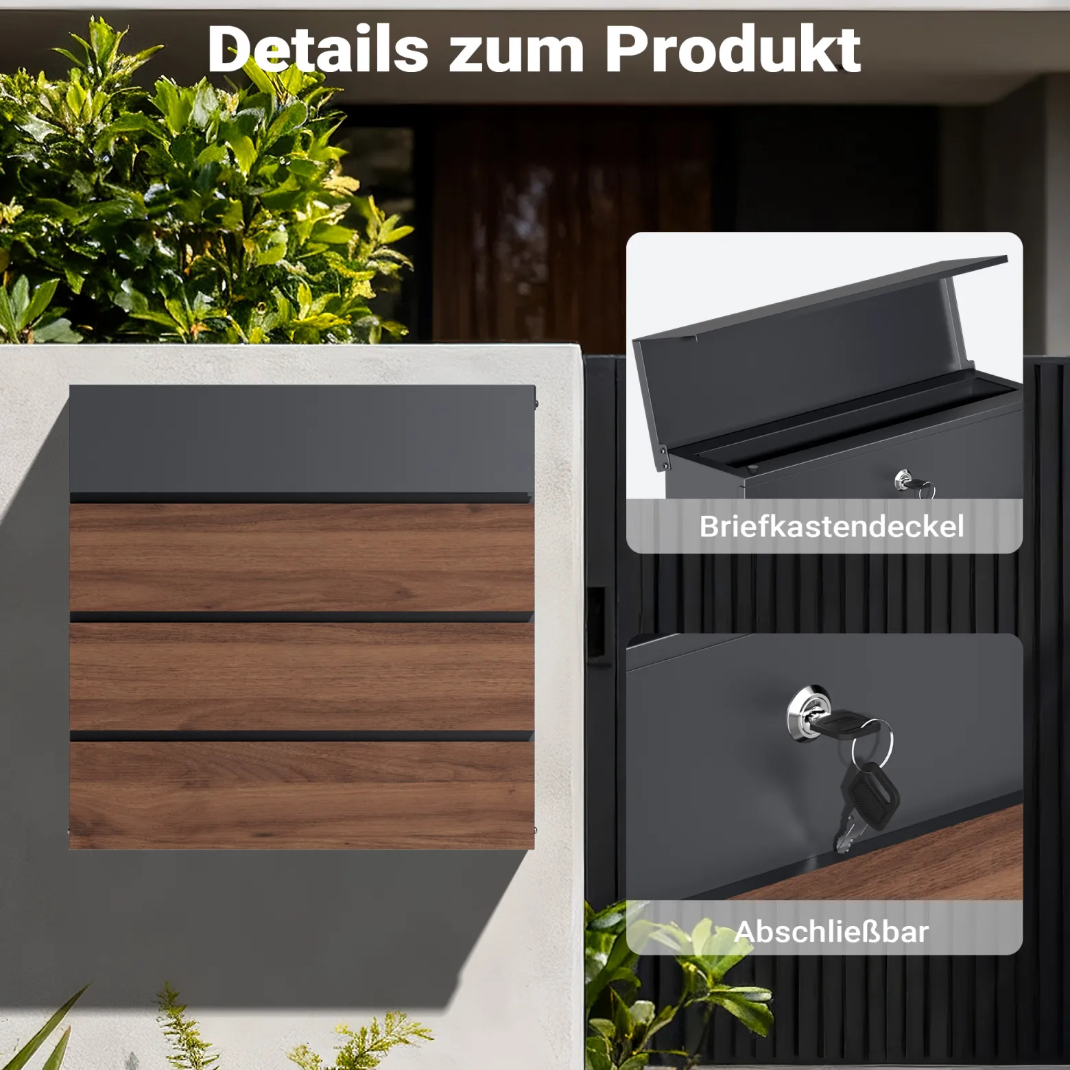 Toboli Briefkasten V63 Anthrazit und Holzdesign 410 x 130 x 370 mm, Wandbriefkasten mit Schloss, Soft Close Klappe und Zeitungsfach, Postkasten aus Stahl pulverbeschichtet