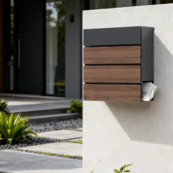 Toboli Briefkasten V63 Anthrazit und Holzdesign 410 x 130 x 370 mm, Wandbriefkasten mit Schloss, Soft Close Klappe und Zeitungsfach, Postkasten aus Stahl pulverbeschichtet