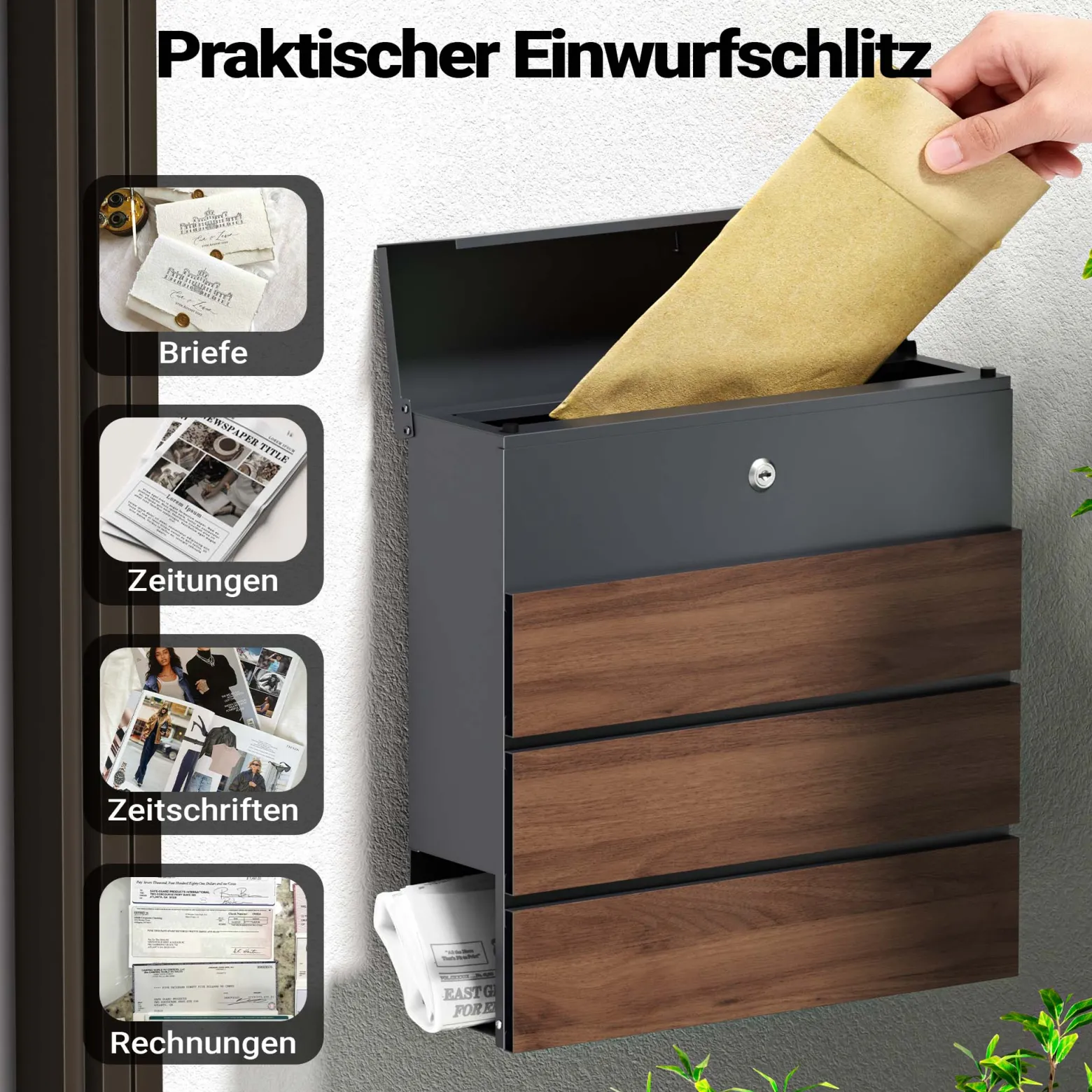 Toboli Briefkasten V63 Anthrazit und Holzdesign 410 x 130 x 370 mm, Wandbriefkasten mit Schloss, Soft Close Klappe und Zeitungsfach, Postkasten aus Stahl pulverbeschichtet