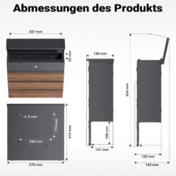 Toboli Briefkasten V63 Anthrazit und Holzdesign 410 x 130 x 370 mm, Wandbriefkasten mit Schloss, Soft Close Klappe und Zeitungsfach, Postkasten aus Stahl pulverbeschichtet