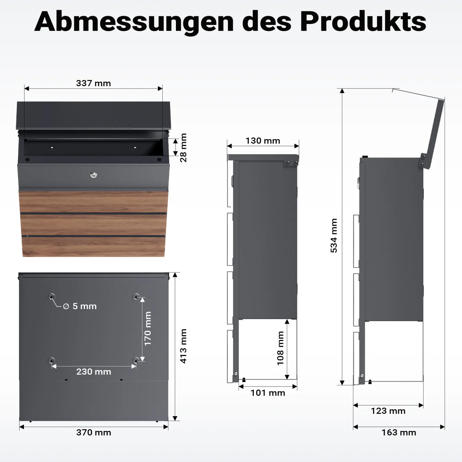 Toboli Briefkasten V63 Anthrazit und Holzdesign 410 x 130 x 370 mm, Wandbriefkasten mit Schloss, Soft Close Klappe und Zeitungsfach, Postkasten aus Stahl pulverbeschichtet