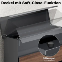 Toboli Briefkasten V63 Anthrazit und Holzdesign 410 x 130 x 370 mm, Wandbriefkasten mit Schloss, Soft Close Klappe und Zeitungsfach, Postkasten aus Stahl pulverbeschichtet