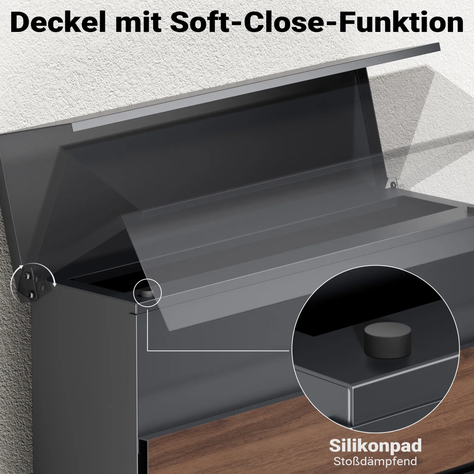 Toboli Briefkasten V63 Anthrazit und Holzdesign 410 x 130 x 370 mm, Wandbriefkasten mit Schloss, Soft Close Klappe und Zeitungsfach, Postkasten aus Stahl pulverbeschichtet