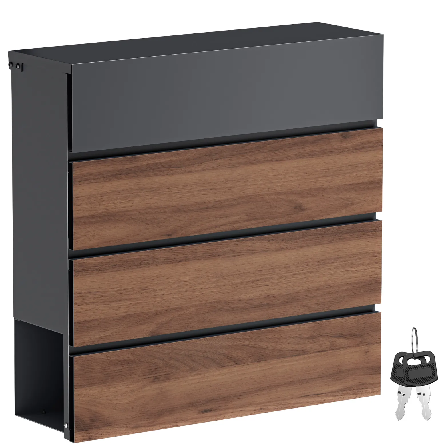 Toboli Briefkasten V63 Anthrazit und Holzdesign 410 x 130 x 370 mm, Wandbriefkasten mit Schloss, Soft Close Klappe und Zeitungsfach, Postkasten aus Stahl pulverbeschichtet