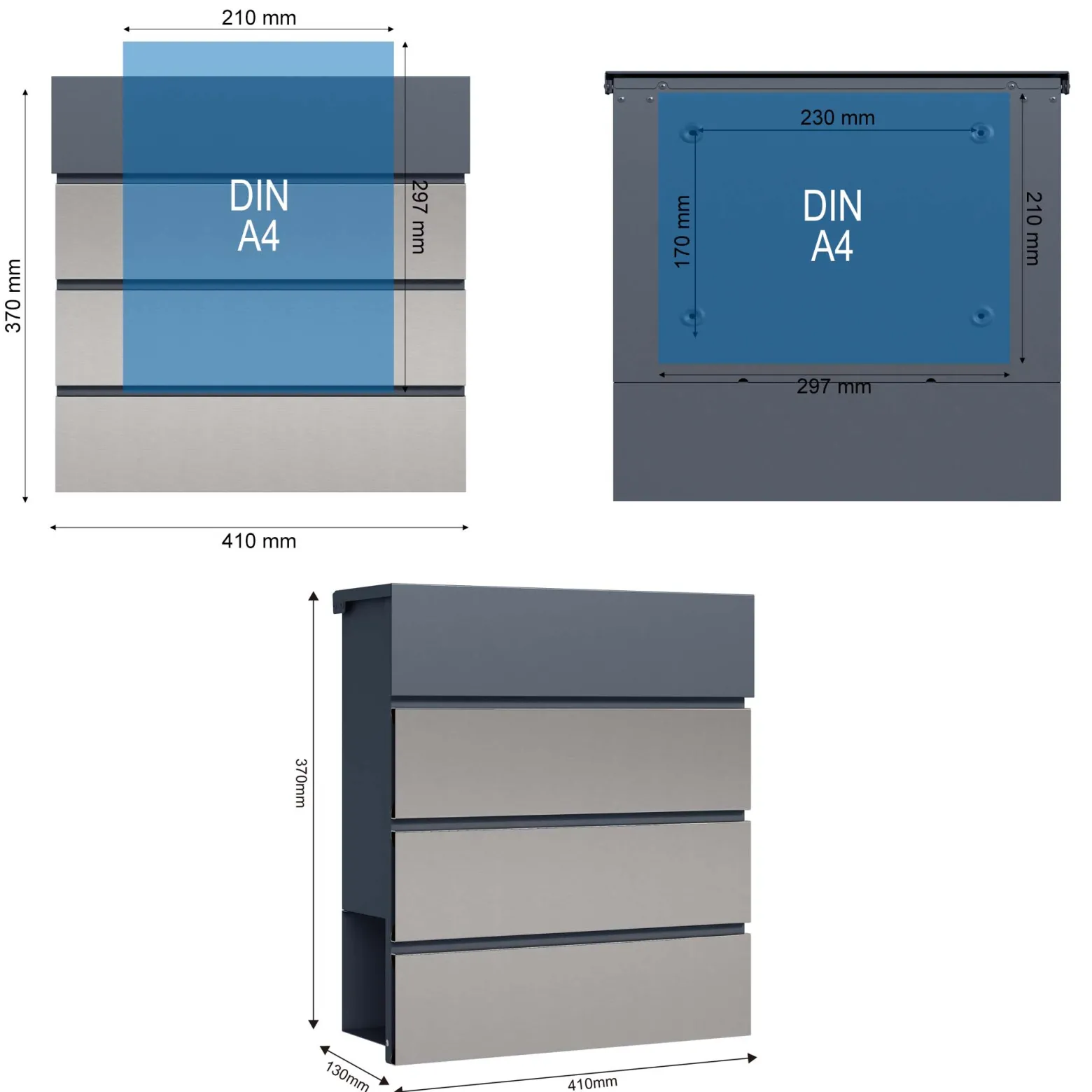 Toboli Briefkasten V64 Anthrazit und Edelstahl 410 x 130 x 370 mm, Wandbriefkasten mit Schloss, Soft Close Klappe und Zeitungsfach, Postkasten aus Stahl pulverbeschichtet