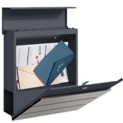 Toboli Briefkasten V64 Anthrazit und Edelstahl 410 x 130 x 370 mm, Wandbriefkasten mit Schloss, Soft Close Klappe und Zeitungsfach, Postkasten aus Stahl pulverbeschichtet