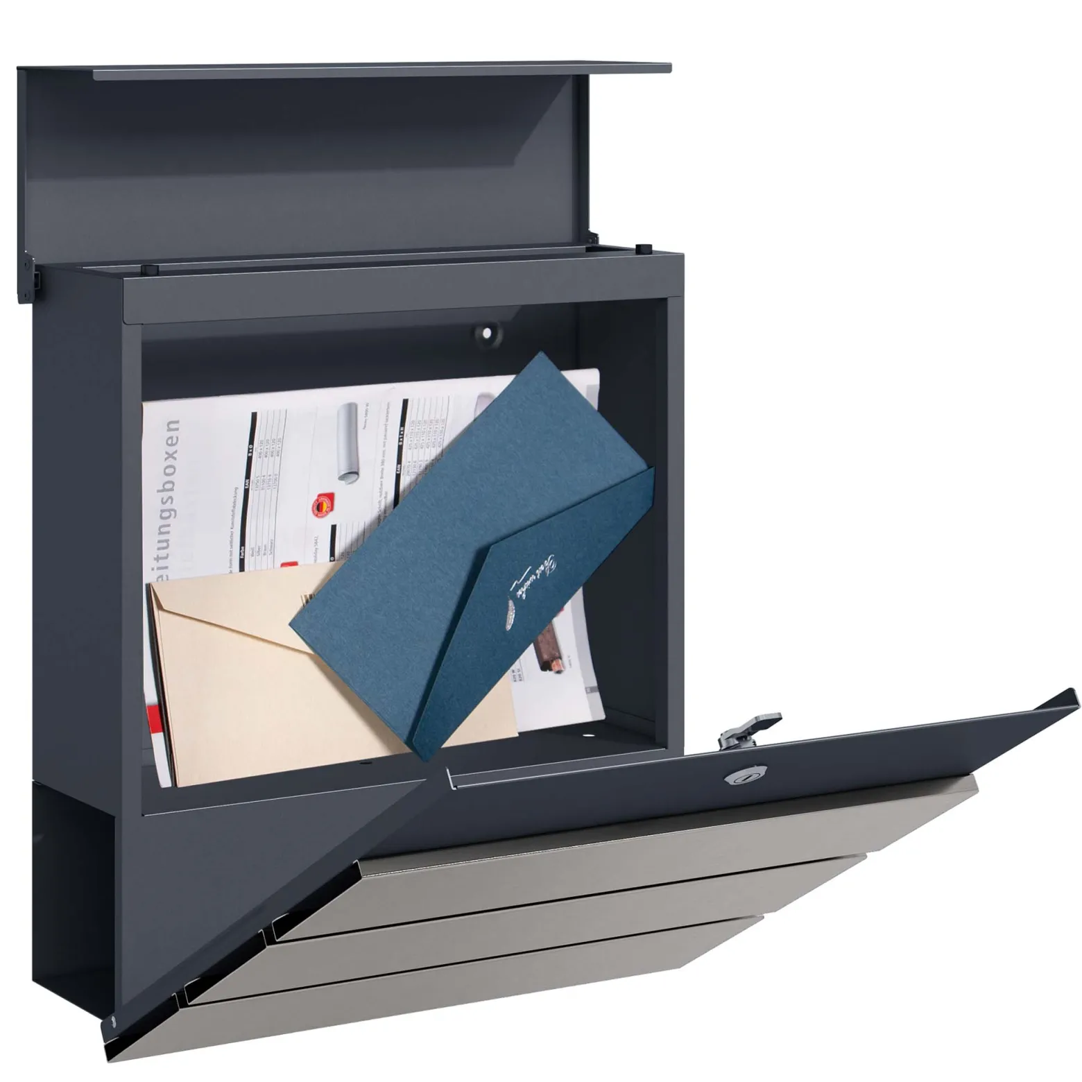 Toboli Briefkasten V64 Anthrazit und Edelstahl 410 x 130 x 370 mm, Wandbriefkasten mit Schloss, Soft Close Klappe und Zeitungsfach, Postkasten aus Stahl pulverbeschichtet