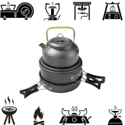 Toboli Camping Geschirr Set 12 tlg. Kochgeschirr für Outdoor Kochausrüstung mit Wasserkocher